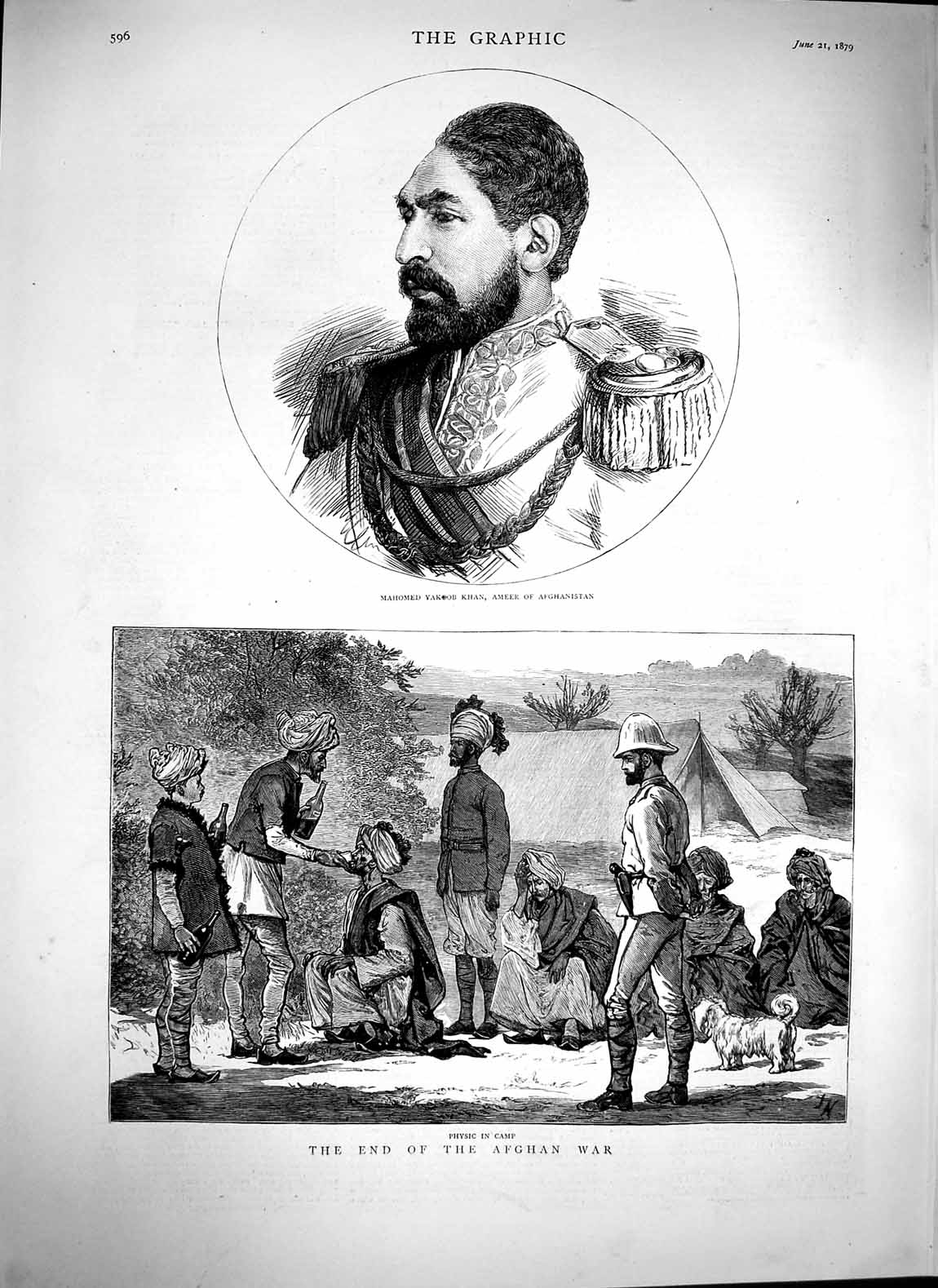 Old Antique Print 1879 Afghan War Physic Camp Mahomed Yakoob Khan Ameer 19th