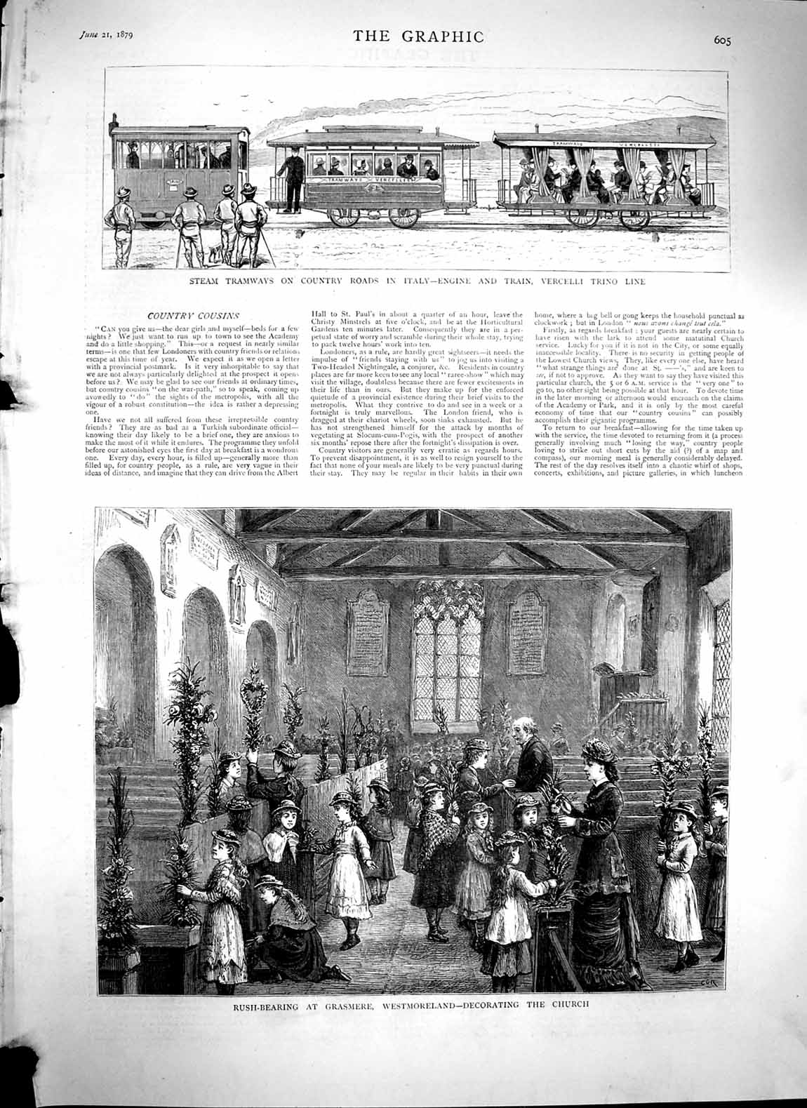 Original Old Antique Print 1879 Train Vercelli Trino Italy Grasmere Westm 19th