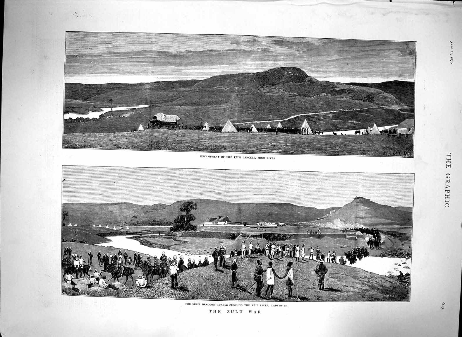Original Old Antique Print 1879 Zulu War Lancers Camp Mooi River Klip Ladysmith