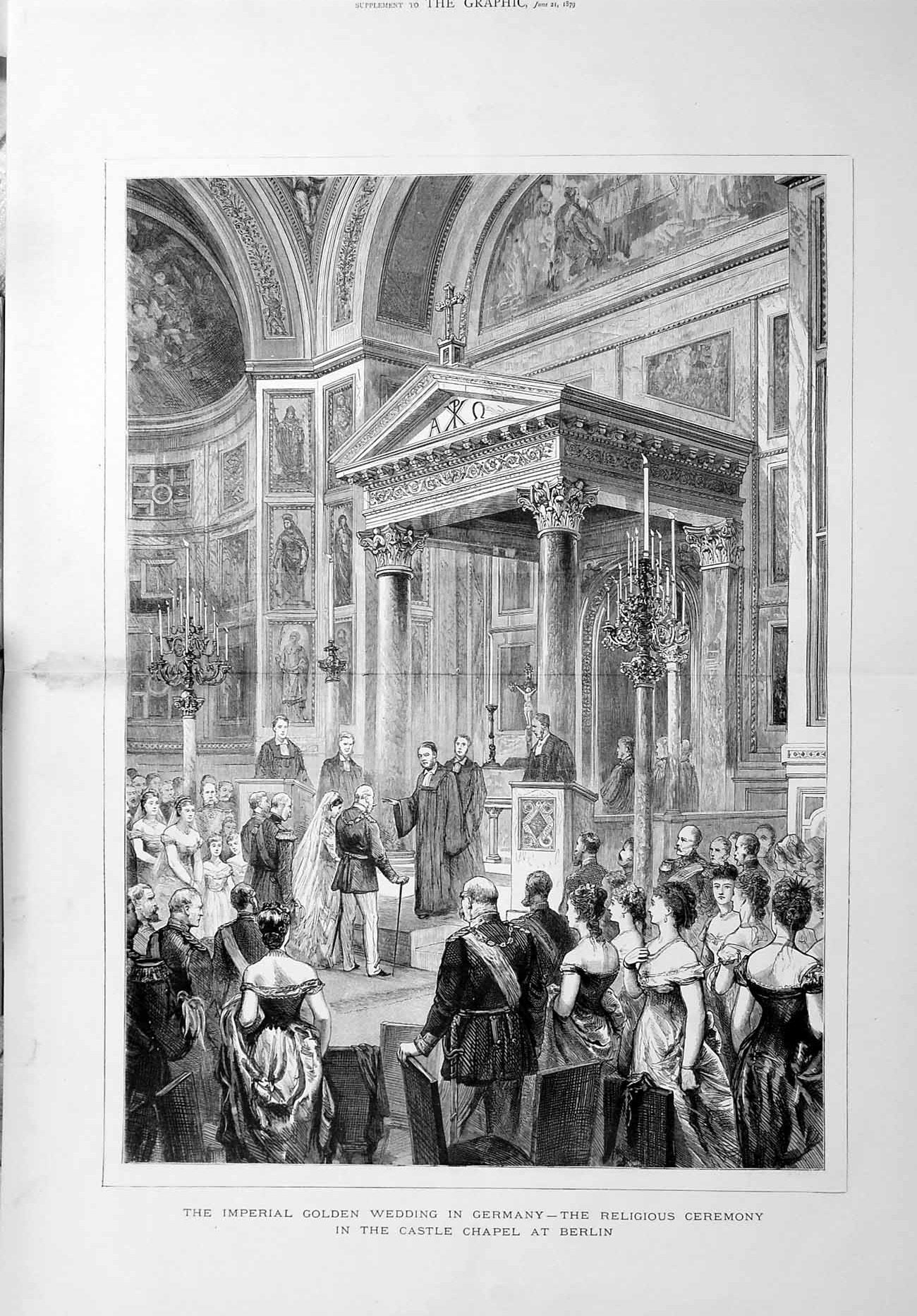 Original Old Antique Print 1879 Imperial Wedding Germany Castle Chapel Berlin
