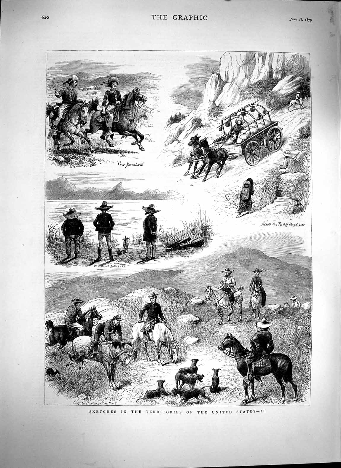 Old Antique Print 1879 America Salt Lake Rocky Mountains Coyote Hunting 19th