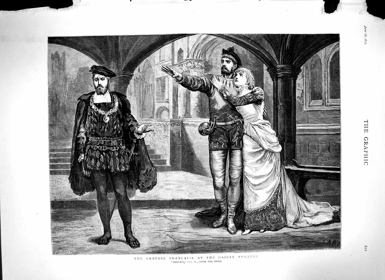 Original Old Antique Print 1879 Comedie Francaise Gaiety Theatre Hernani Scene