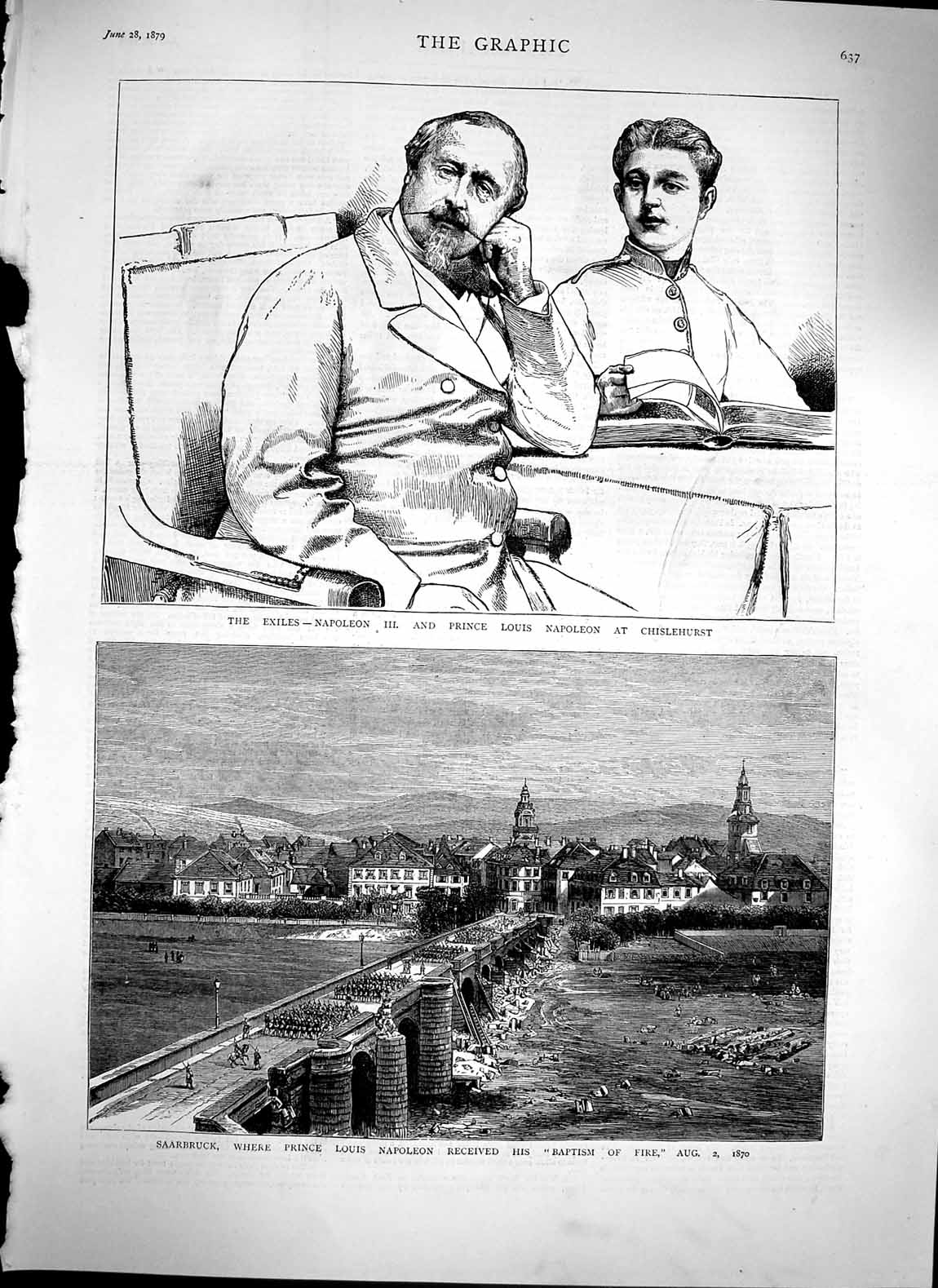 Old Antique Print 1879 Prince Louis Napoleon Chiselhurst Saarbruck Bridge 19th