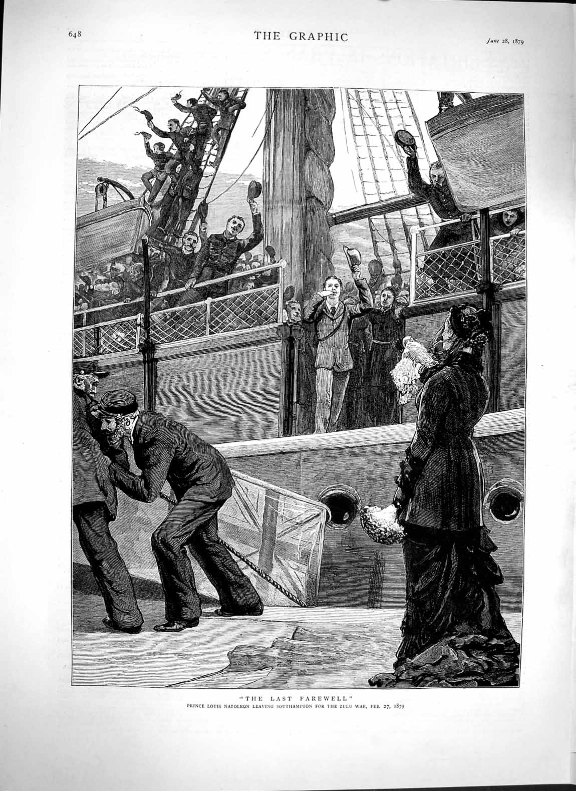 Original Old Antique Print 1879 Prince Louis Napoleon Southampton Ship Zulu War