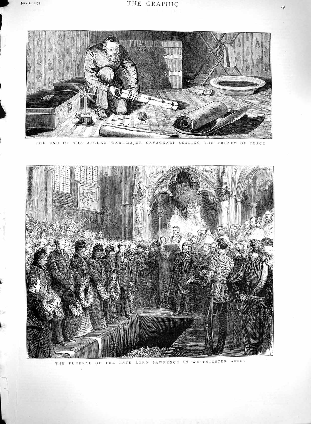 Old Antique Print 1879 Funeral Lawrence Westminster Abbey Cavagnari War 19th