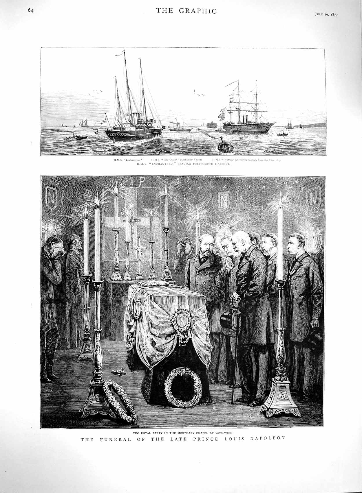 Old Antique Print 1879 Funeral Prince Napoleon Woolwich Ship Enchantress 19th