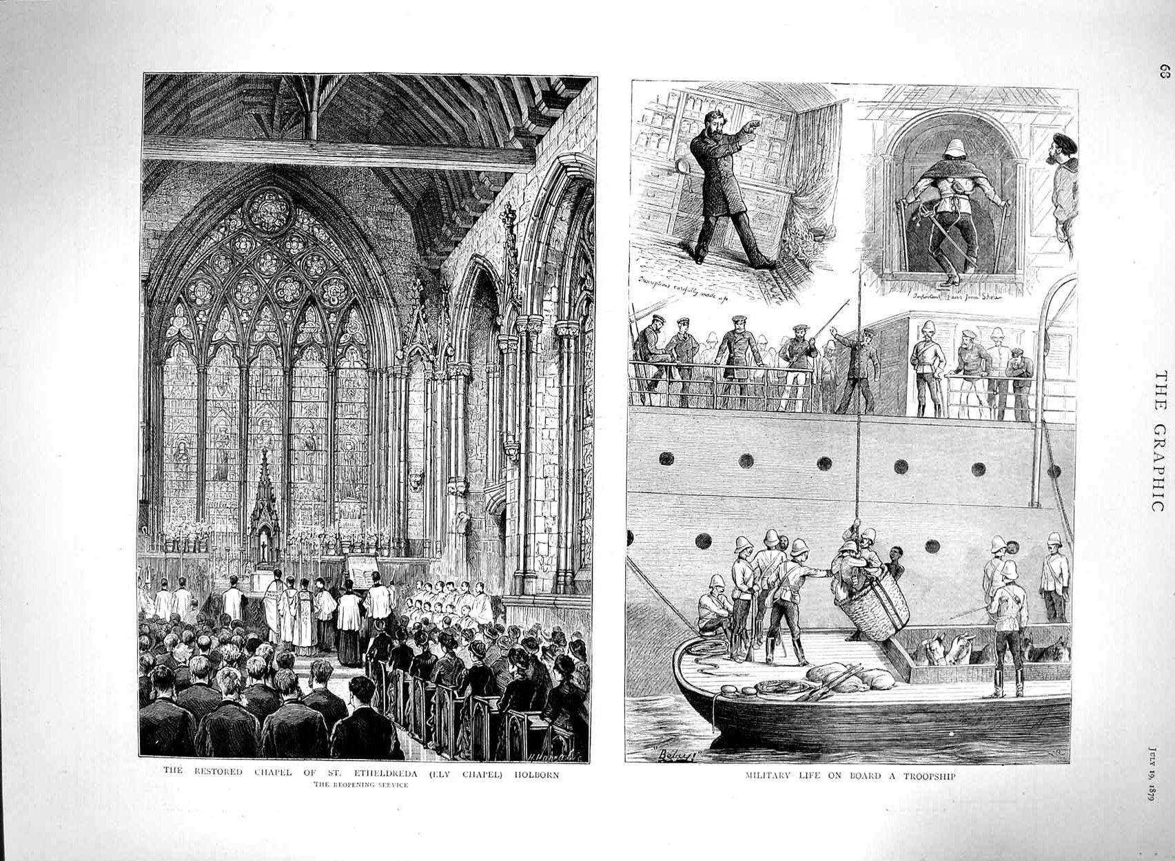 Old Antique Print 1879 Ely Chapel Holborn Etheldreda Troop Ship Military 19th