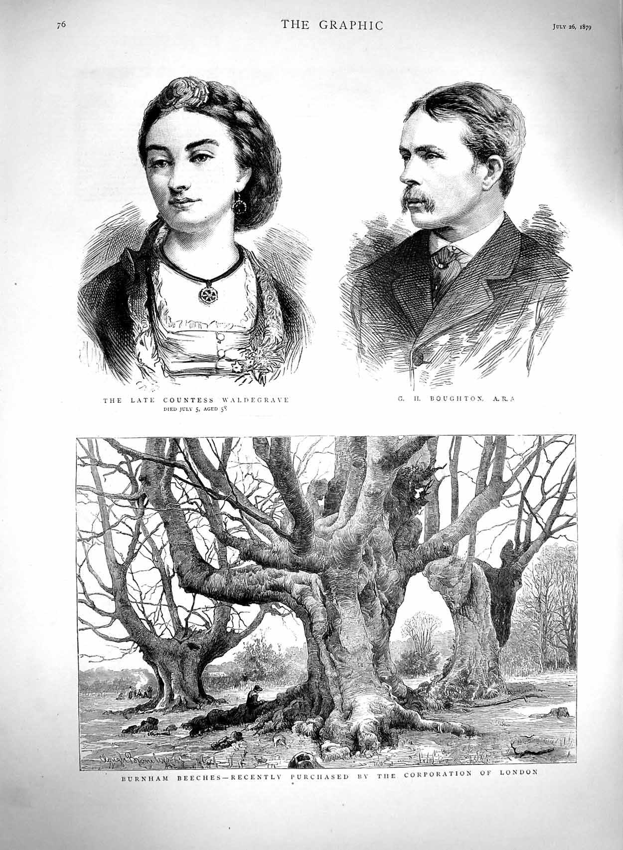 Original Old Antique Print 1879 Burnham Beeches Countess Waldegrave Boughton
