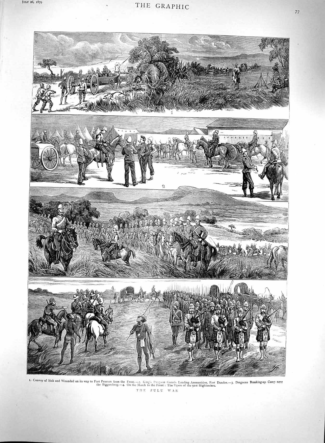 Original Old Antique Print 1879 Zulu War Fort Dundee Dragoons Highlanders Army