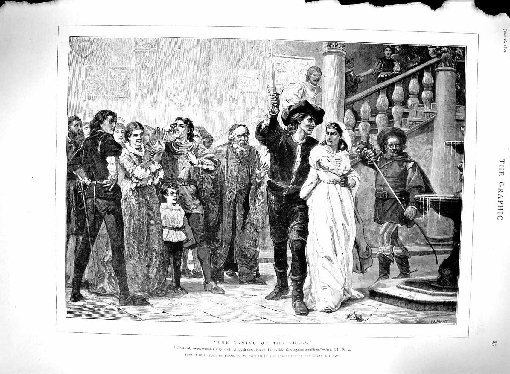 Original Old Antique Print 1879 Scene Taming Shrew Theatre Frank Topham 19th