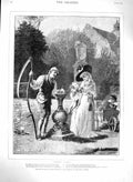 Original Old Antique Print 1879 Tempus Fugit Man Scythe Children Lady Garden