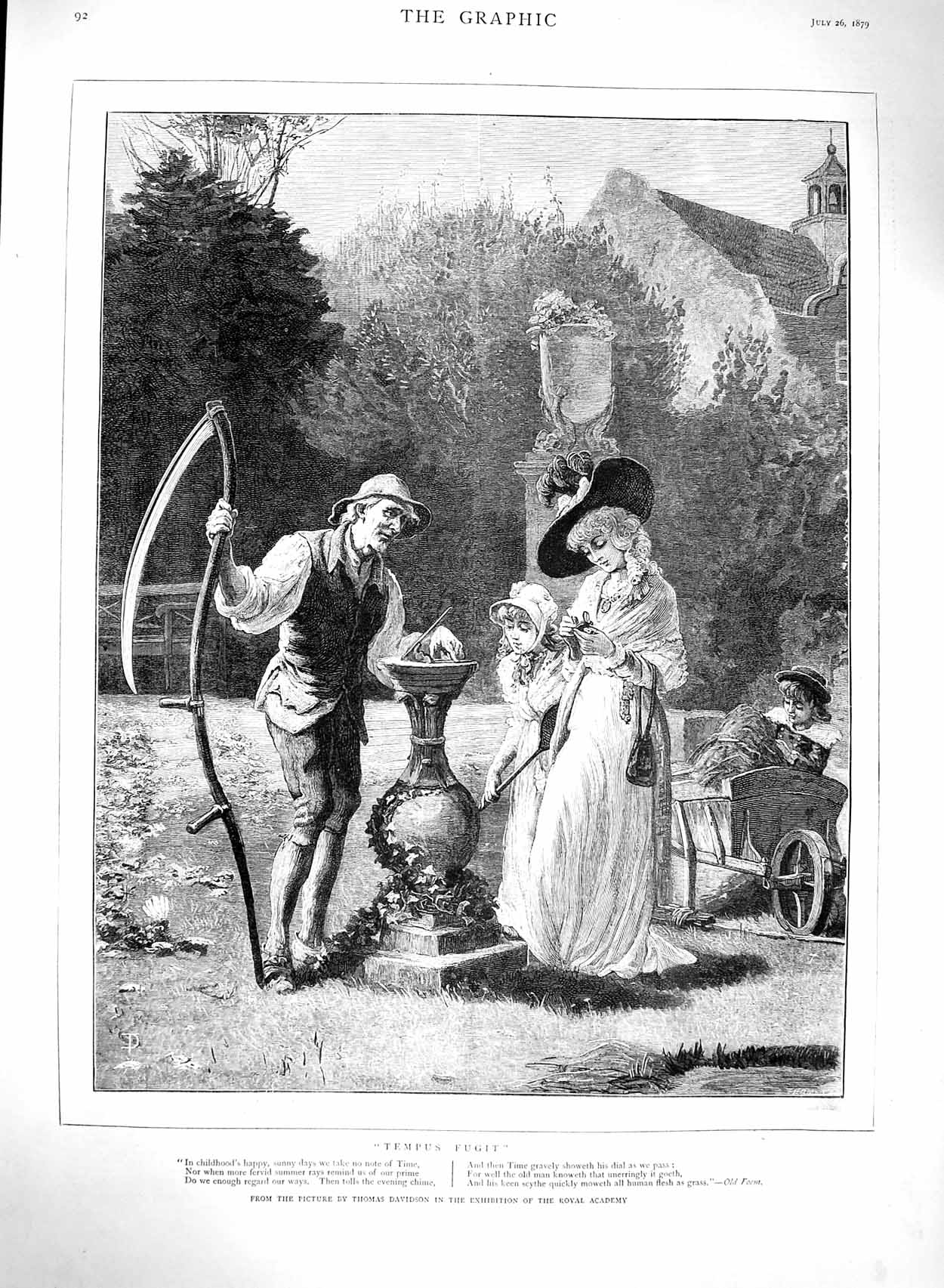 Original Old Antique Print 1879 Tempus Fugit Man Scythe Children Lady Garden