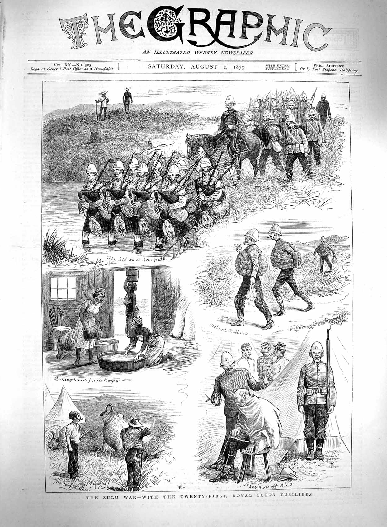 Original Old Antique Print 1879 Zulu War Royal Scots Fusiliers Siers Natives