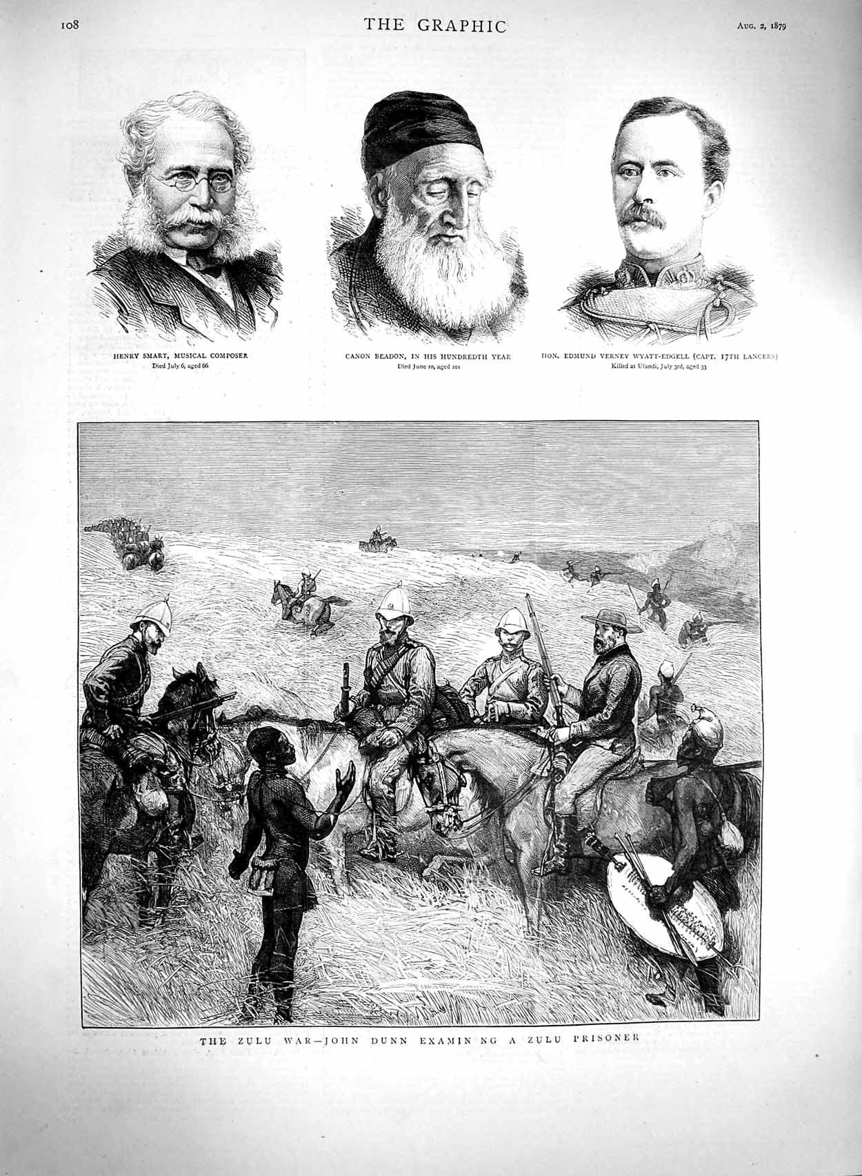 Original Old Antique Print 1879 Zulu War John Dunn Smart Composer Canon Beadon