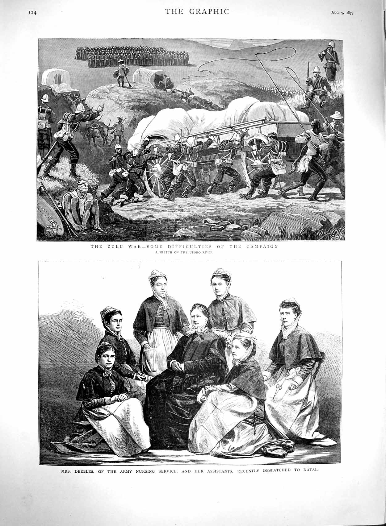 Original Old Antique Print 1879 Zulu War Upolo River Deebles Army Nurses Natal