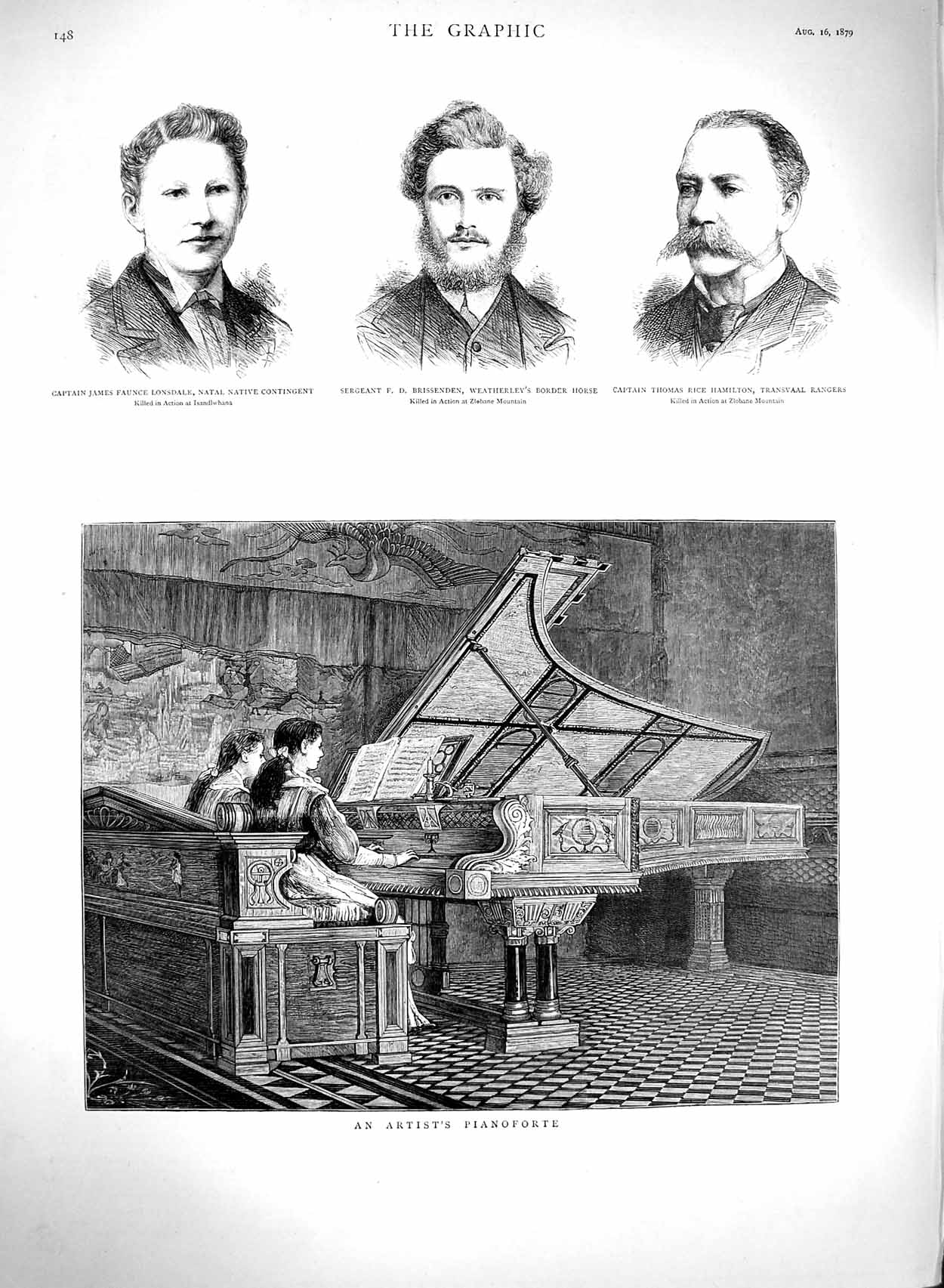 Old Antique Print 1879 Pianoforte Lonsdale Rice Hamilton Brissenden War 19th