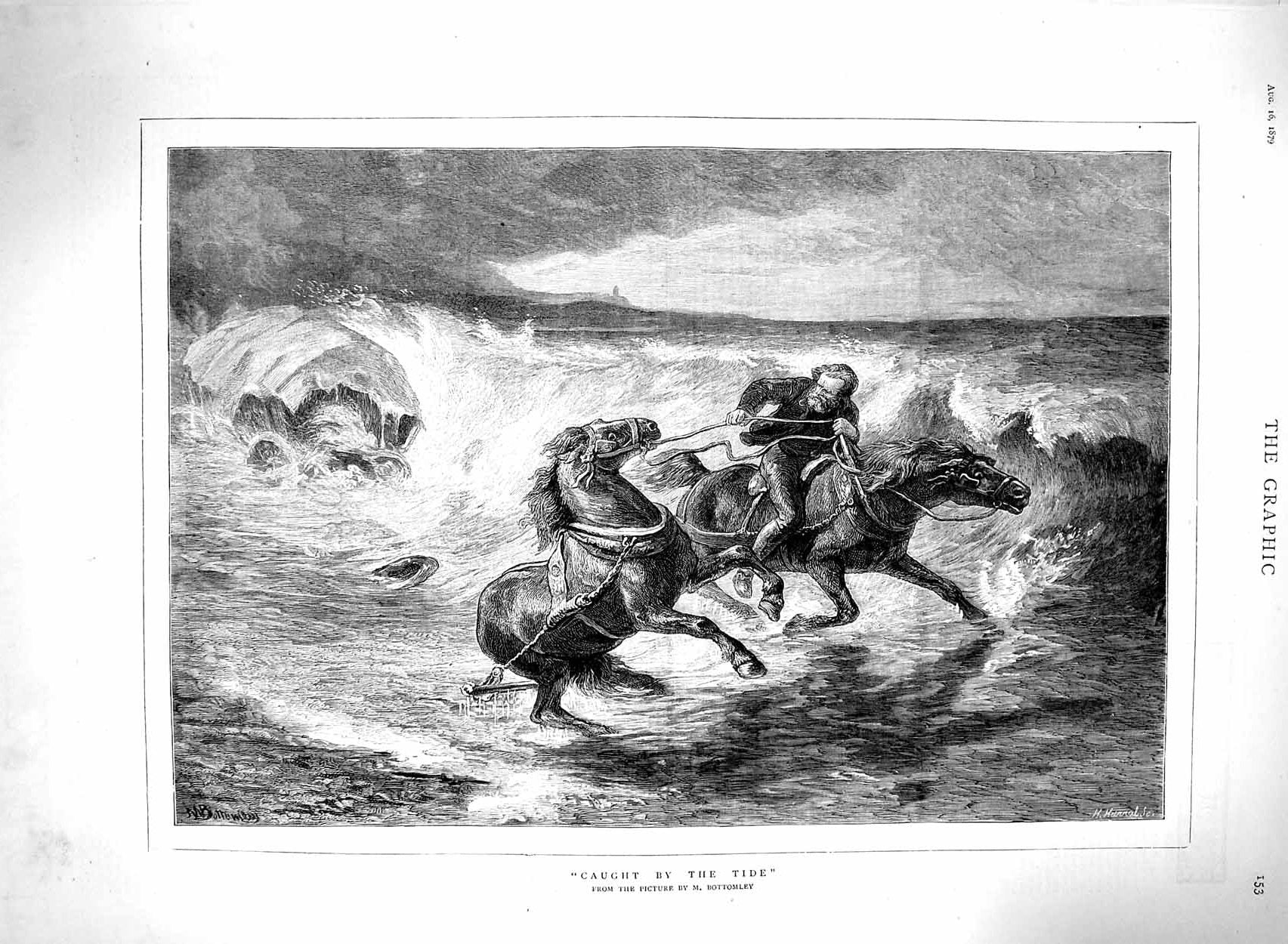 Original Old Antique Print 1879 Bottomley Fine Art Stormy Sea Horses Man 19th
