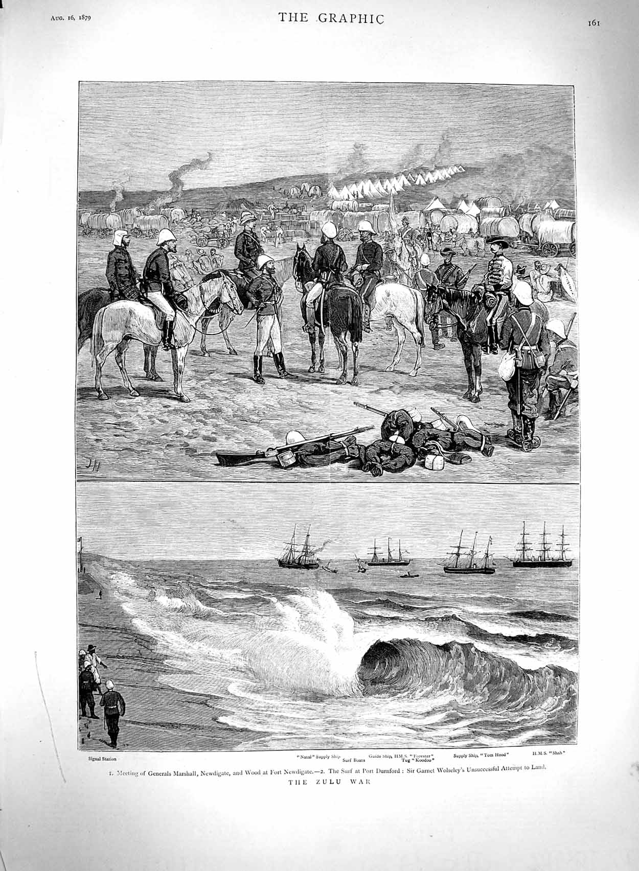 Old Antique Print 1879 Zulu War General Marshall Newdigate Durnford Ships 19th