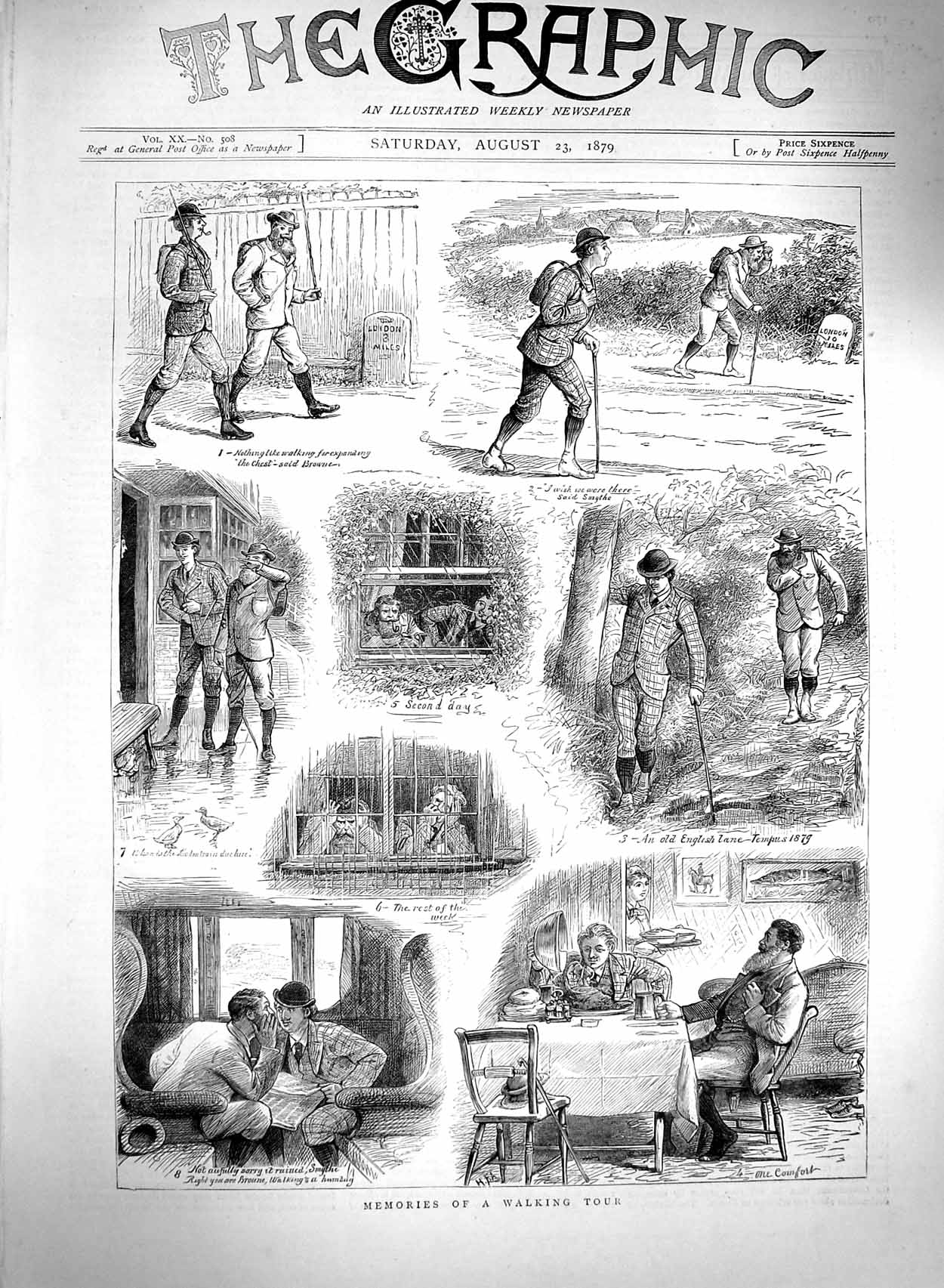Old Antique Print 1879 Walking Tour Railway Train Men England Travelling 19th