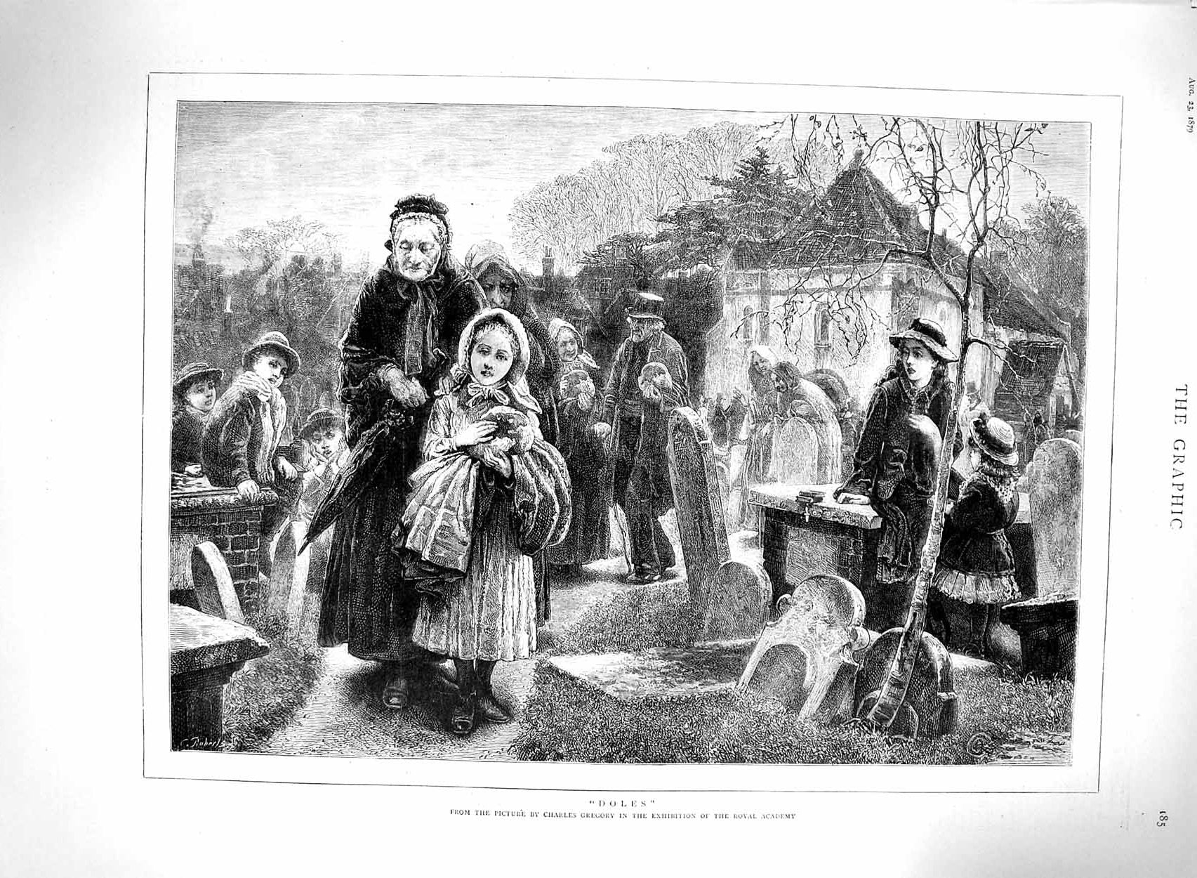 Original Old Antique Print 1879 Charles Gregory Art Family Church Gravestones