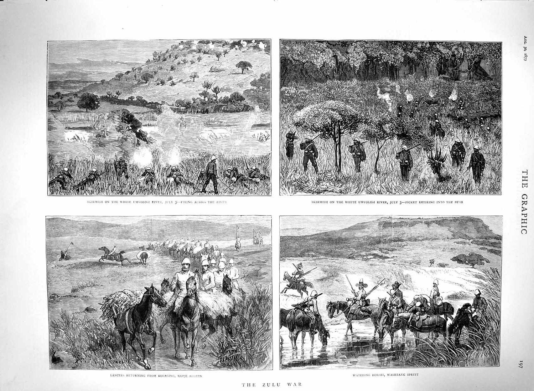Original Old Antique Print 1879 Zulu War Umvolosi River Kopje Alleen Washbank
