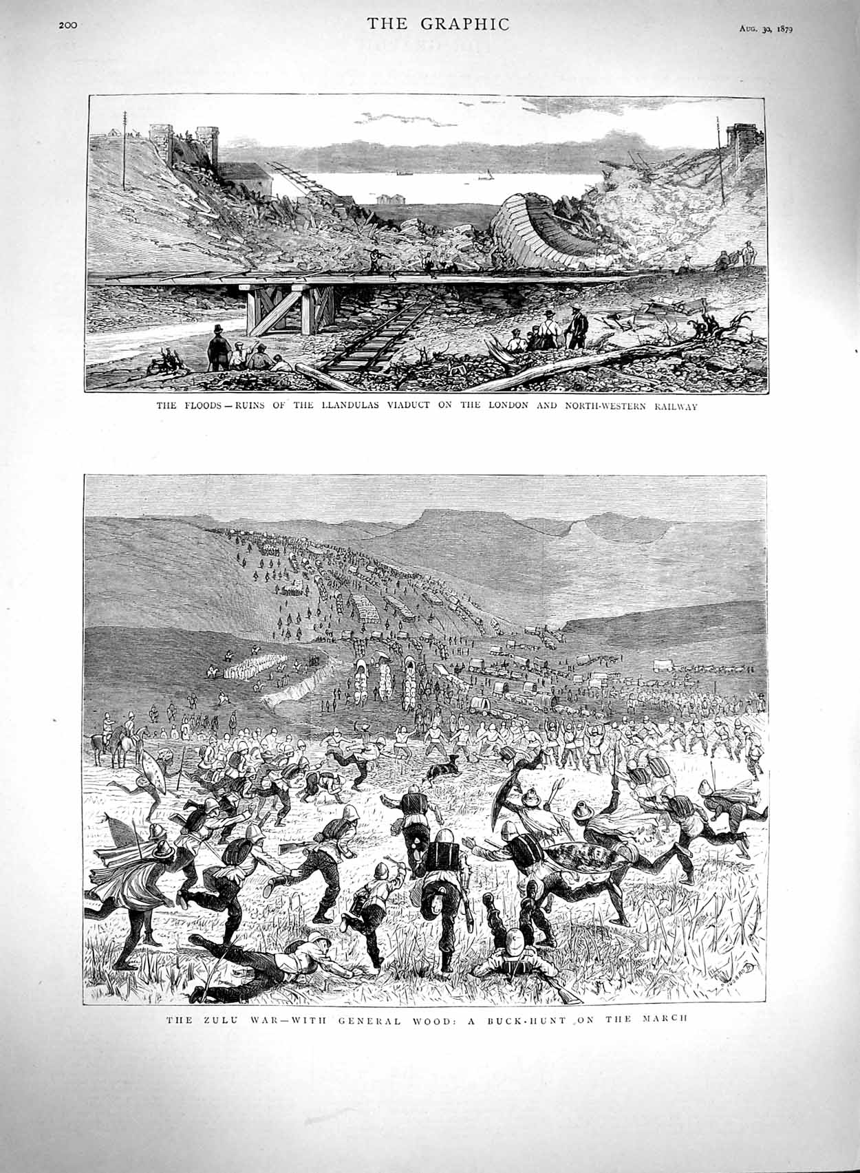 Original Old Antique Print 1879 Zulu War General Wood Siers Llandulas Railway