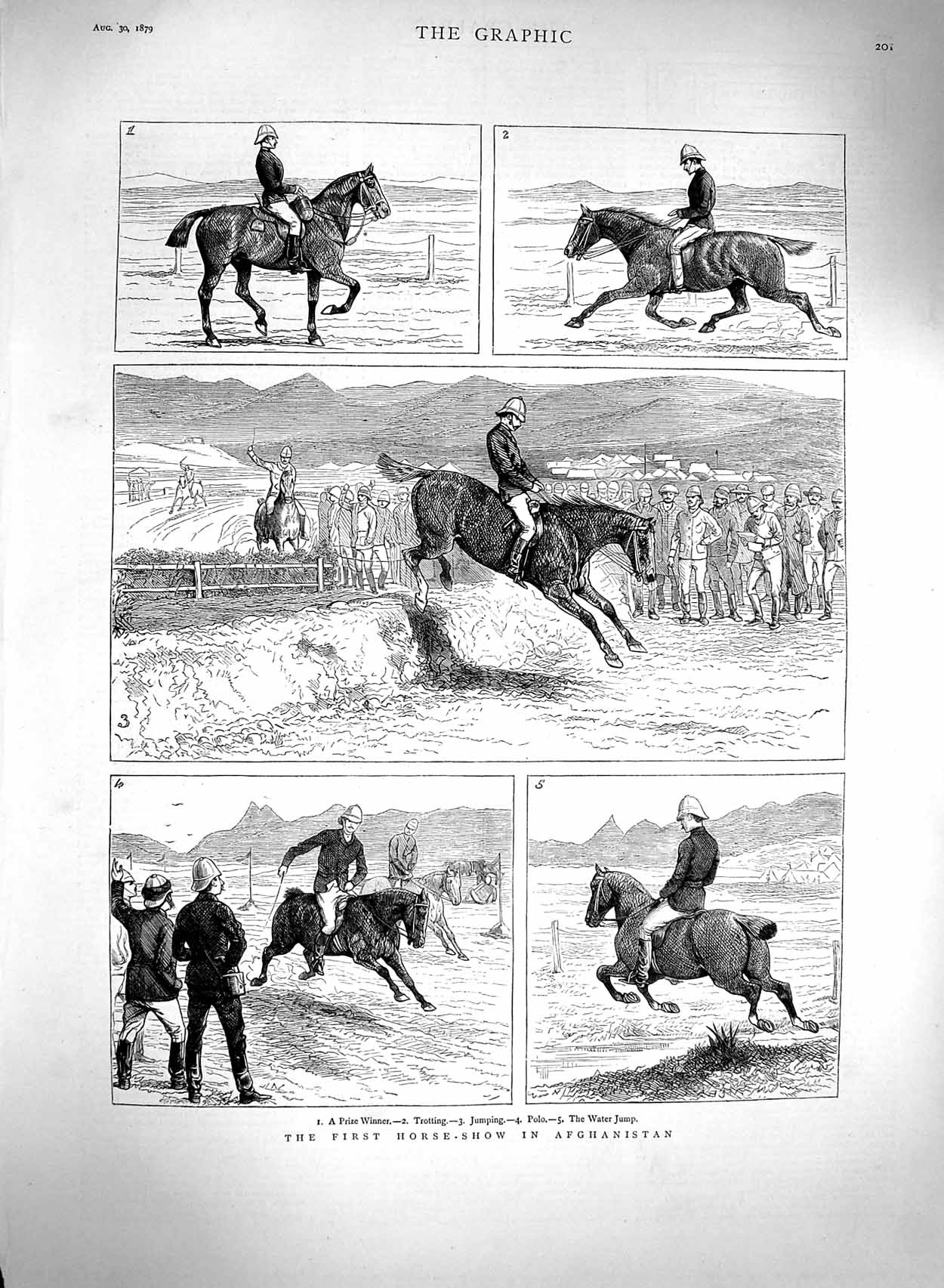 Original Old Antique Print 1879 Horse Show Afghanistan Jumping Siers Jockeys
