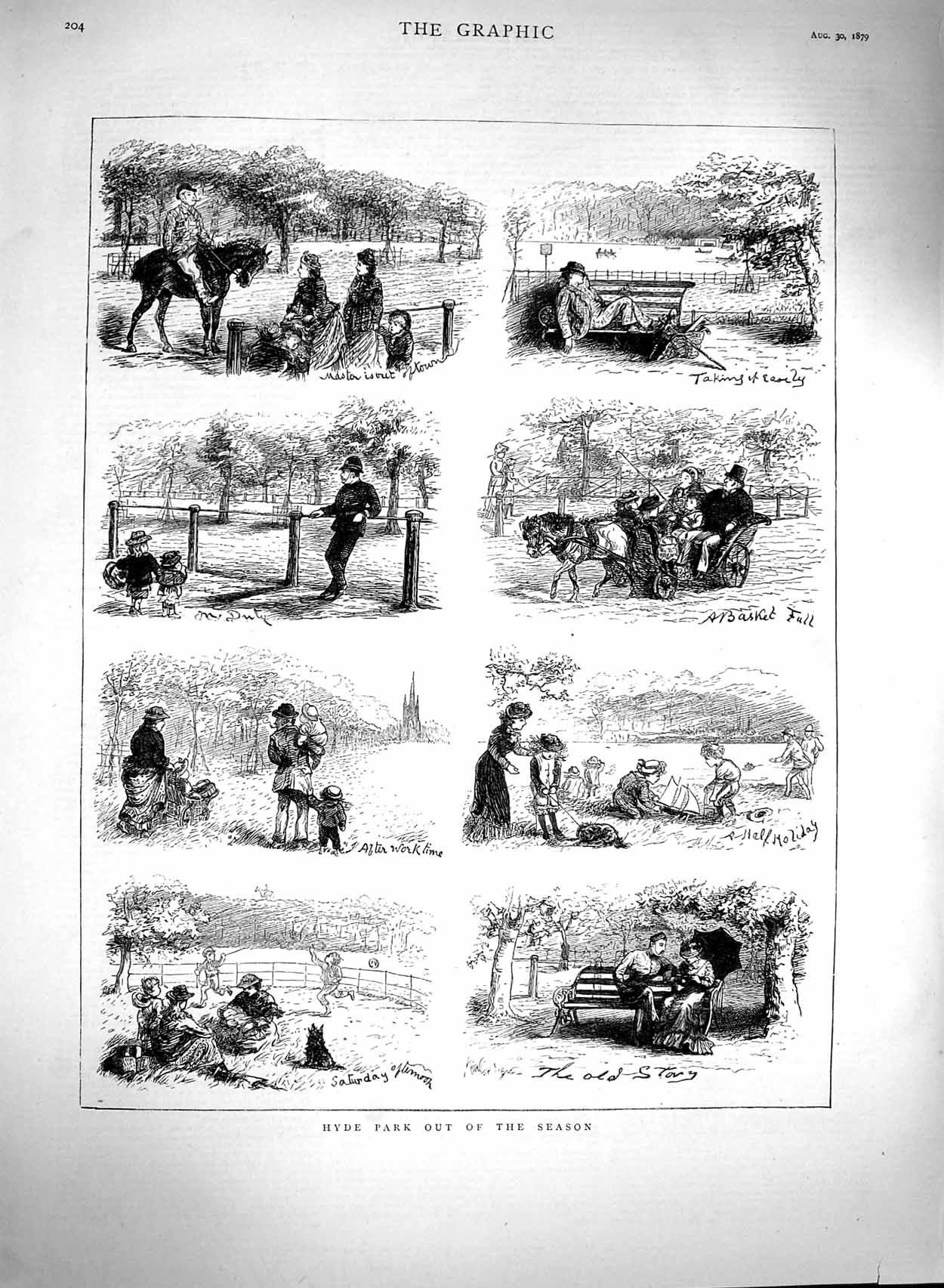 Original Old Antique Print 1879 Hyde Park London Horse Families Children Trees