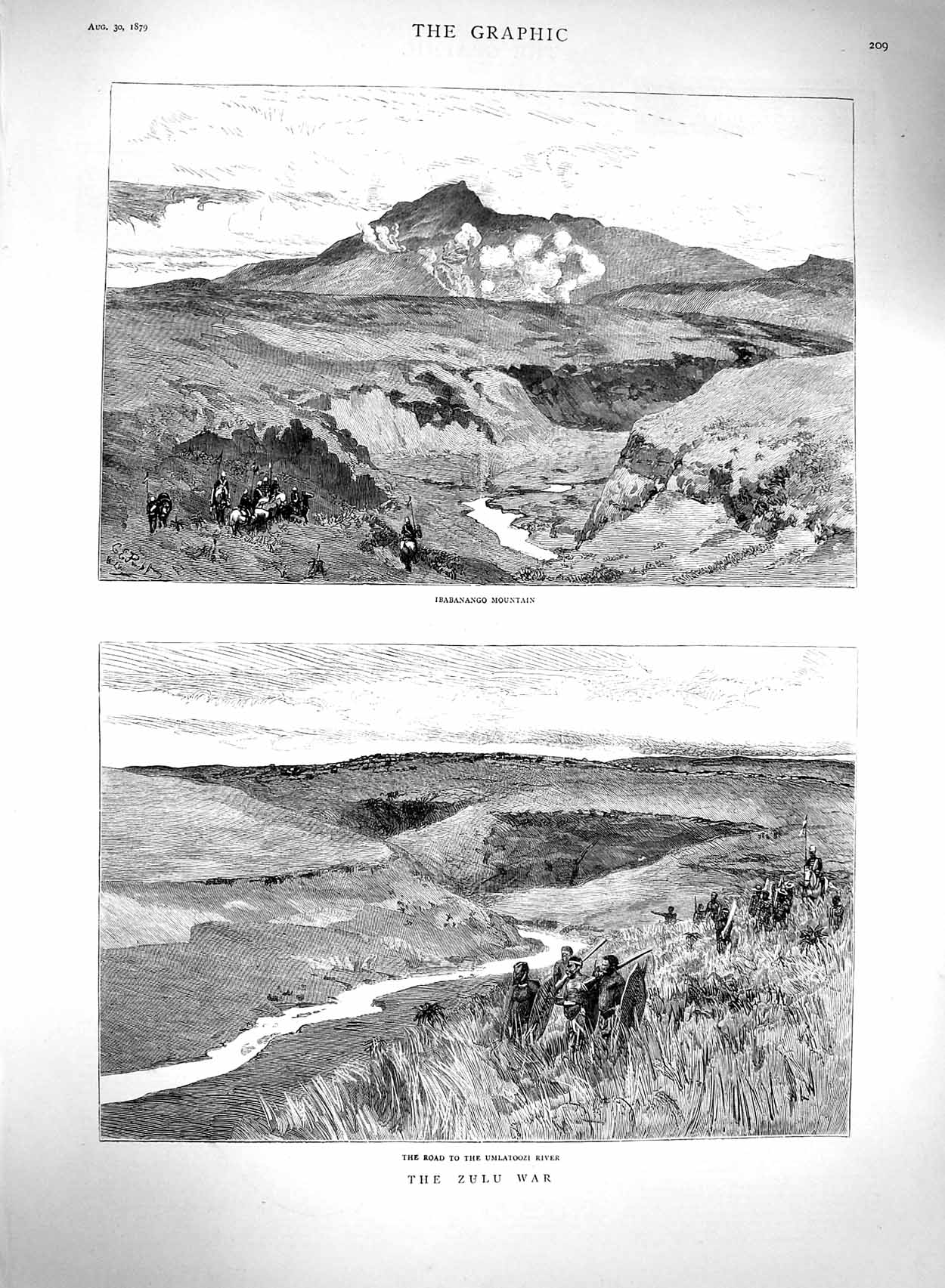 Original Old Antique Print 1879 Zulu War Ibabanango Mountain Umlatoozi River