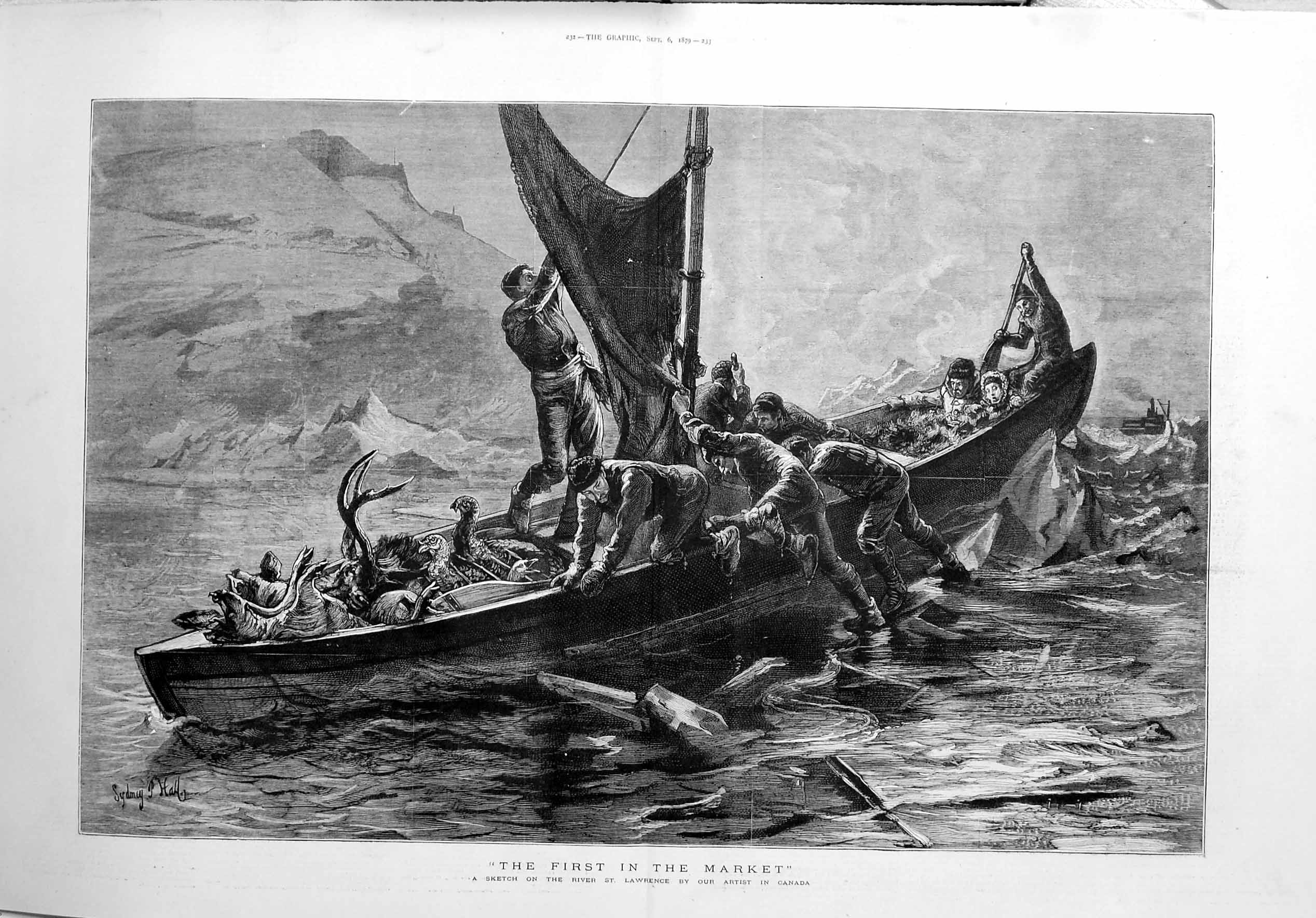 Old Antique Print 1879 River St. Lawrence Canada Boat Animals Market Art 19th
