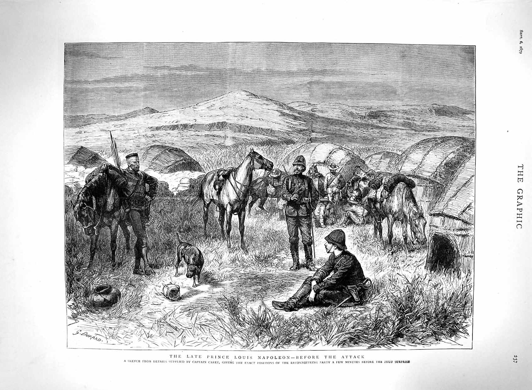 Original Old Antique Print 1879 Prince Louis Napoleon Zulu War Reconnoitring