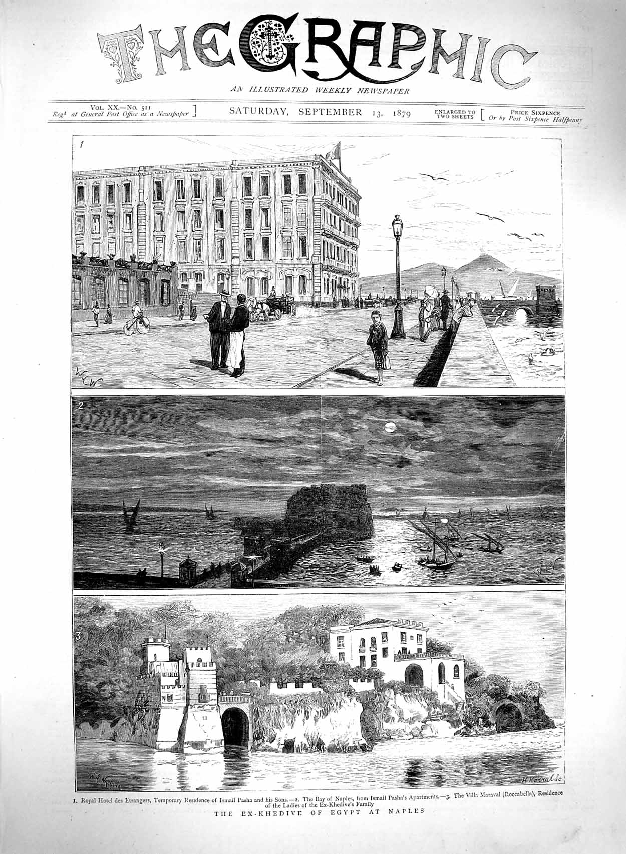 Old Antique Print 1879 Ex-Khedive Egypt Naples Ismail Pasha Villa Maraval 19th