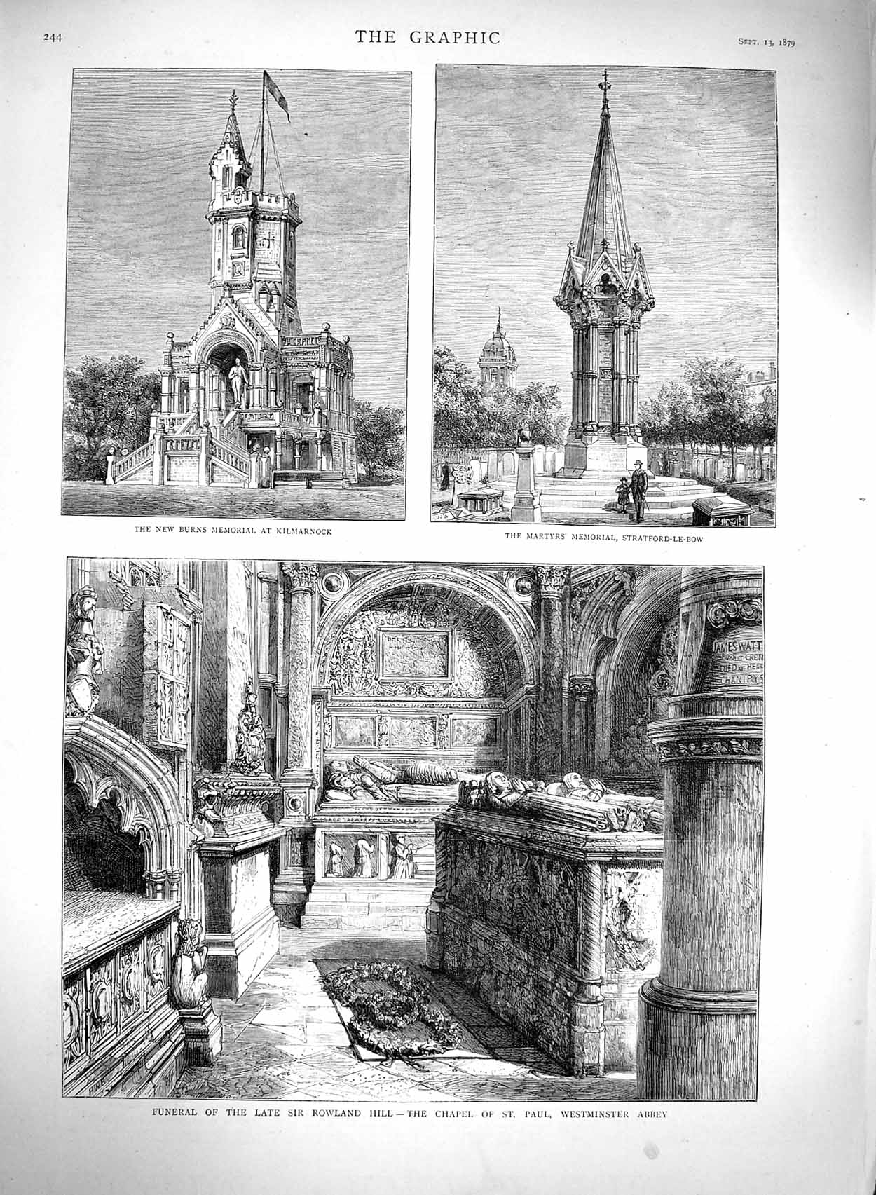 Old Antique Print 1879 Funeral Rowland Hill Westminster Burns Kilmarnock 19th