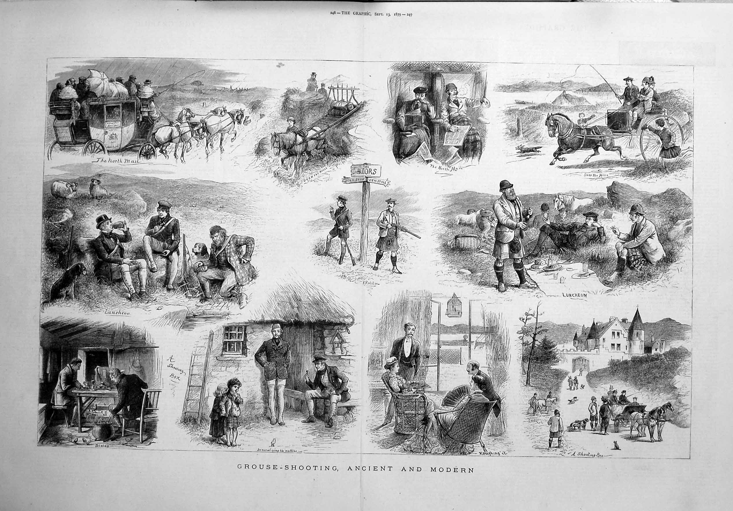 Original Old Antique Print 1879 Grouse Shooting Hunting Sport Scotland Horses