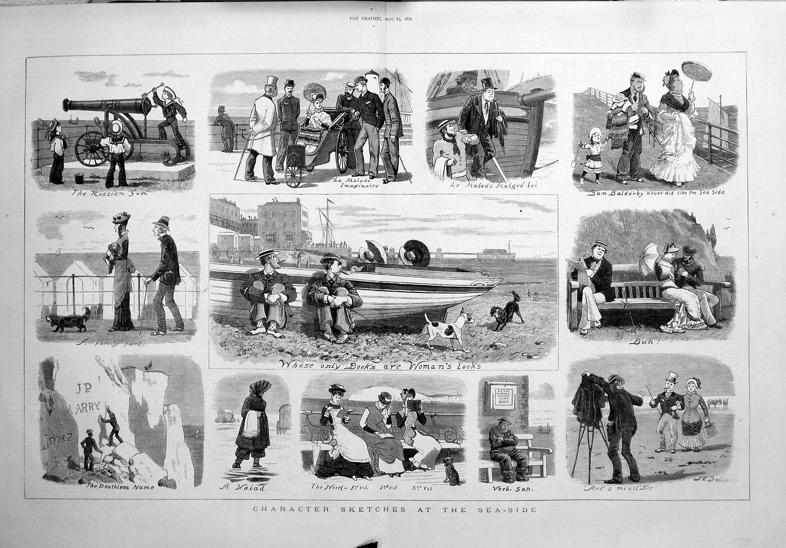 Old Antique Print 1879 Sea-Side Sketches Beach White Cliffs Romance Dogs 19th