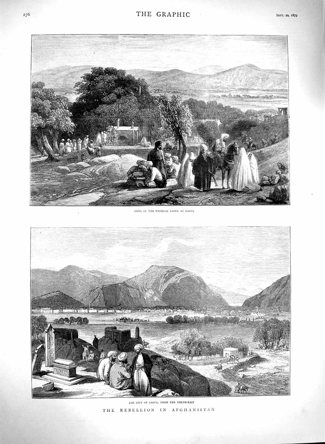 Original Old Antique Print 1879 Afghanistan Tomb Emperor Baber Cabul City 19th