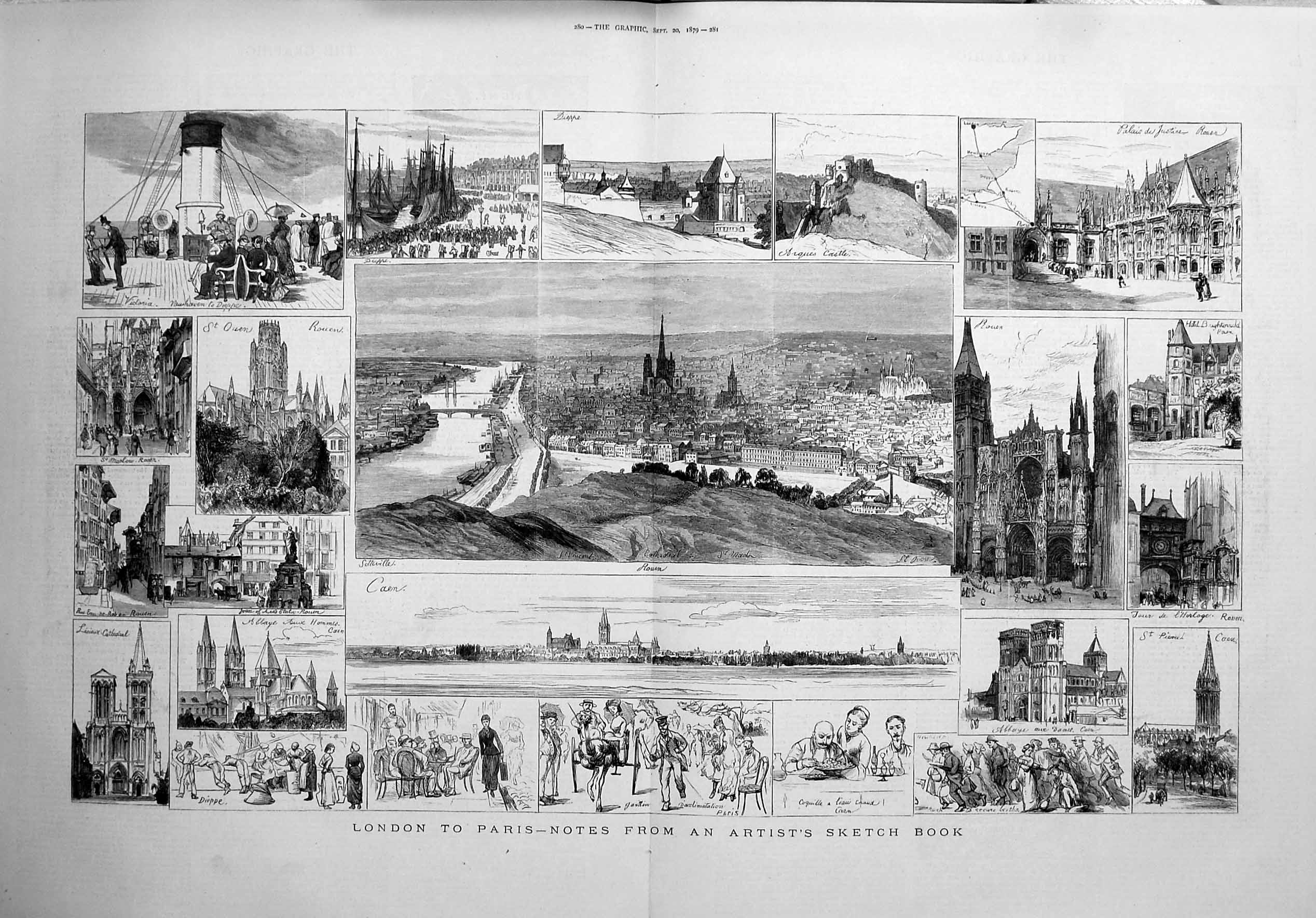 Old Antique Print 1879 Cathedral Rouen France Castle Caen Architecture 19th