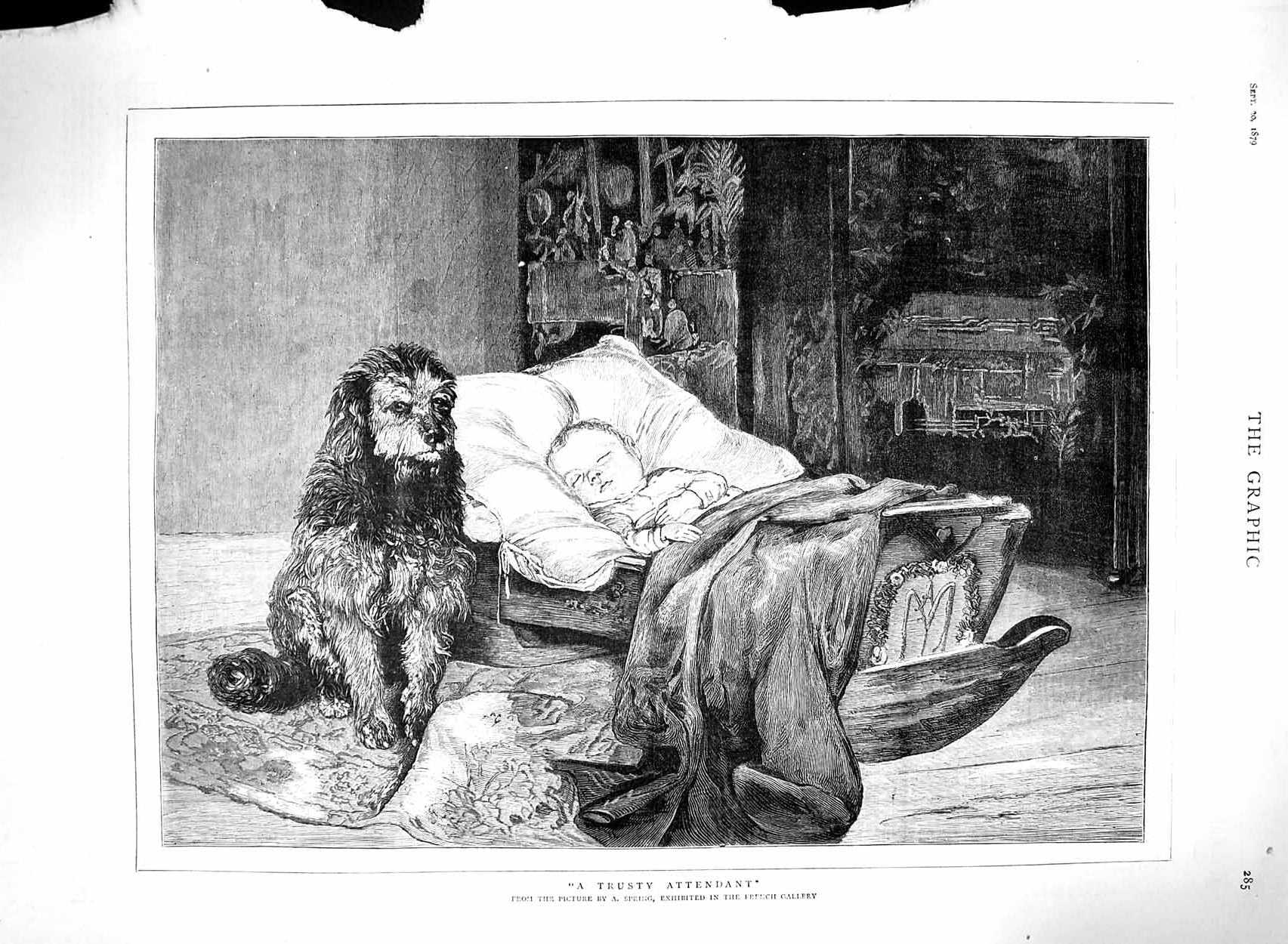 Original Old Antique Print 1879 Spring Fine Art Baby Sleeping Cot Dog French