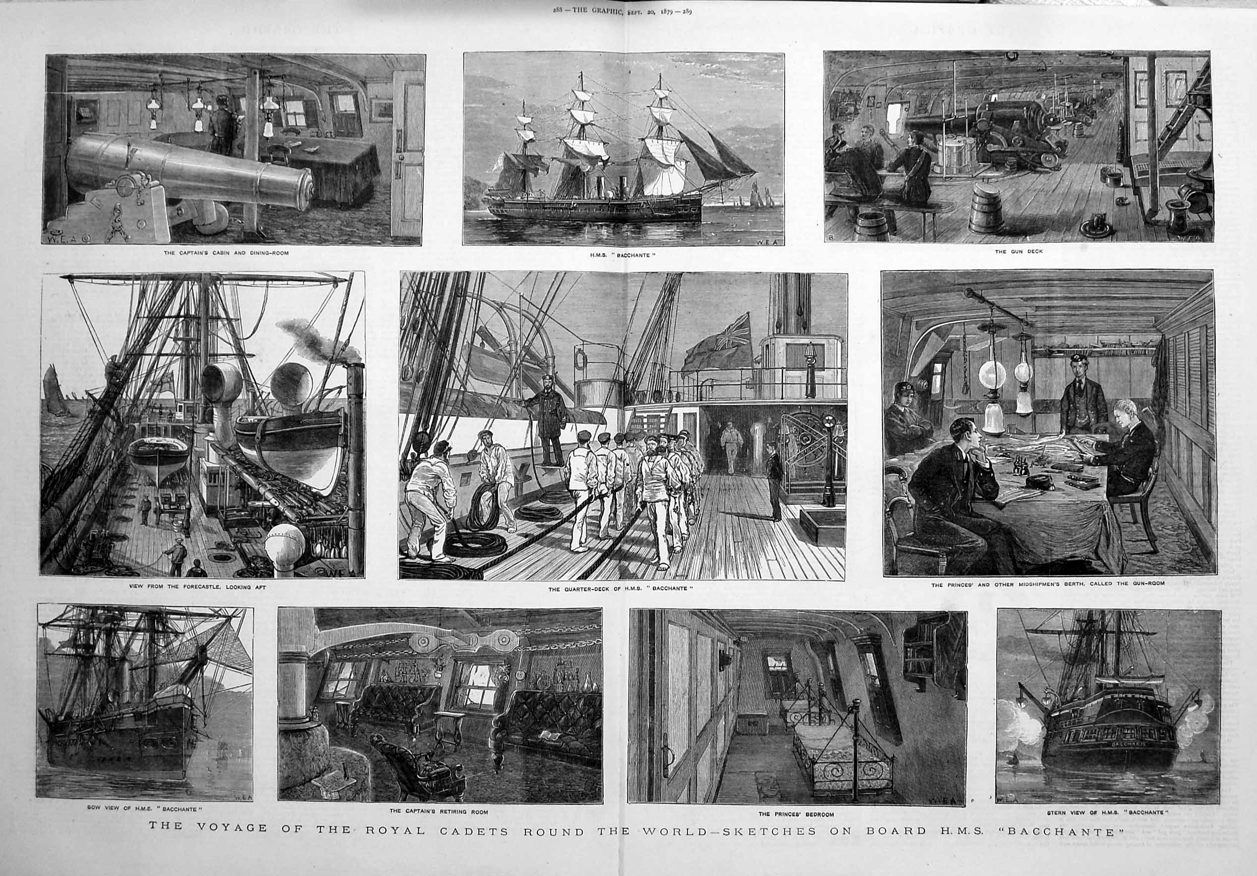 Old Antique Print 1879 Royal Cadets Ship Bacchante Prince Bedroom Deck 19th