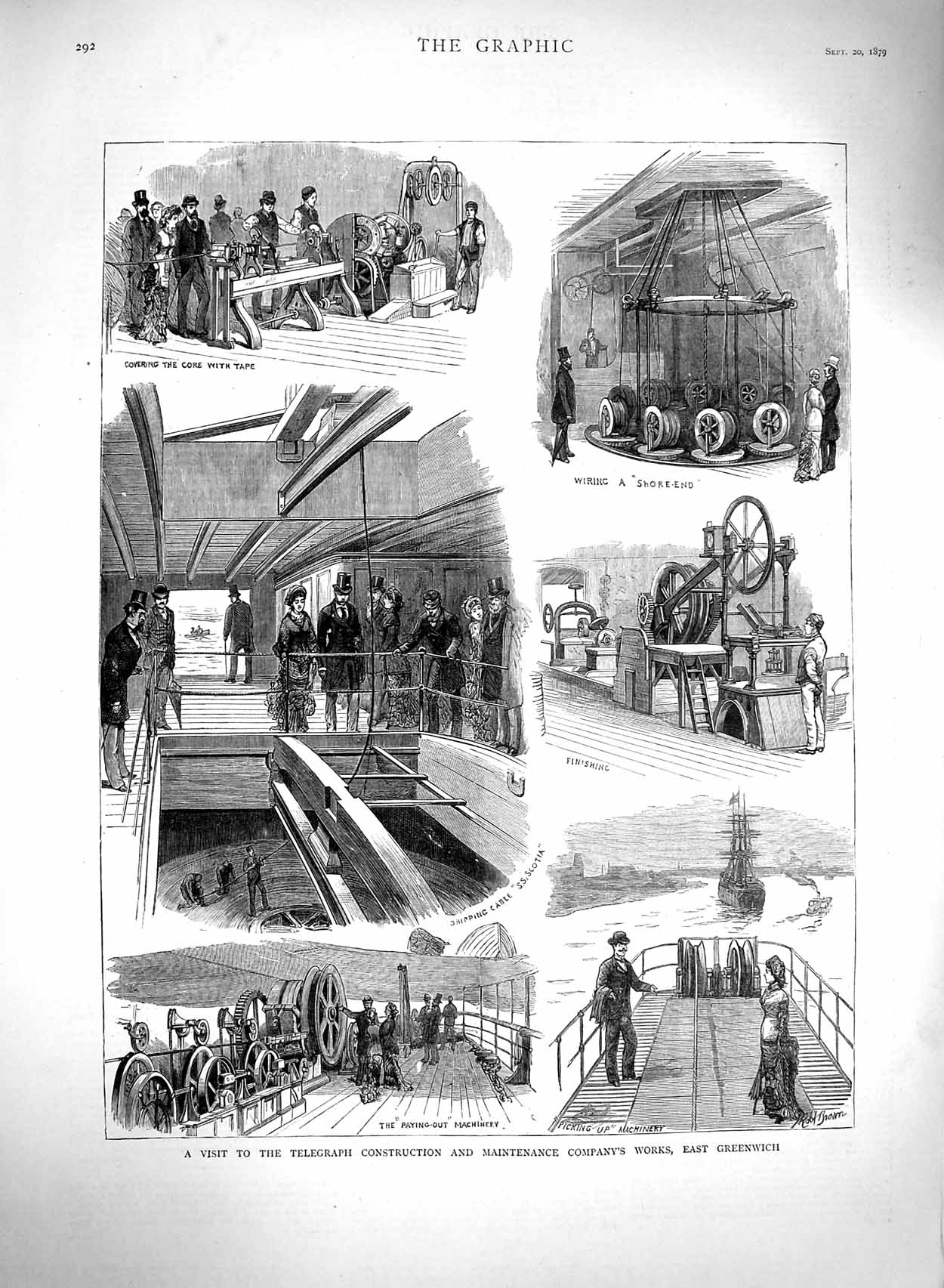 Original Old Antique Print 1879 Telegraph Construction Maintenance Greenwich