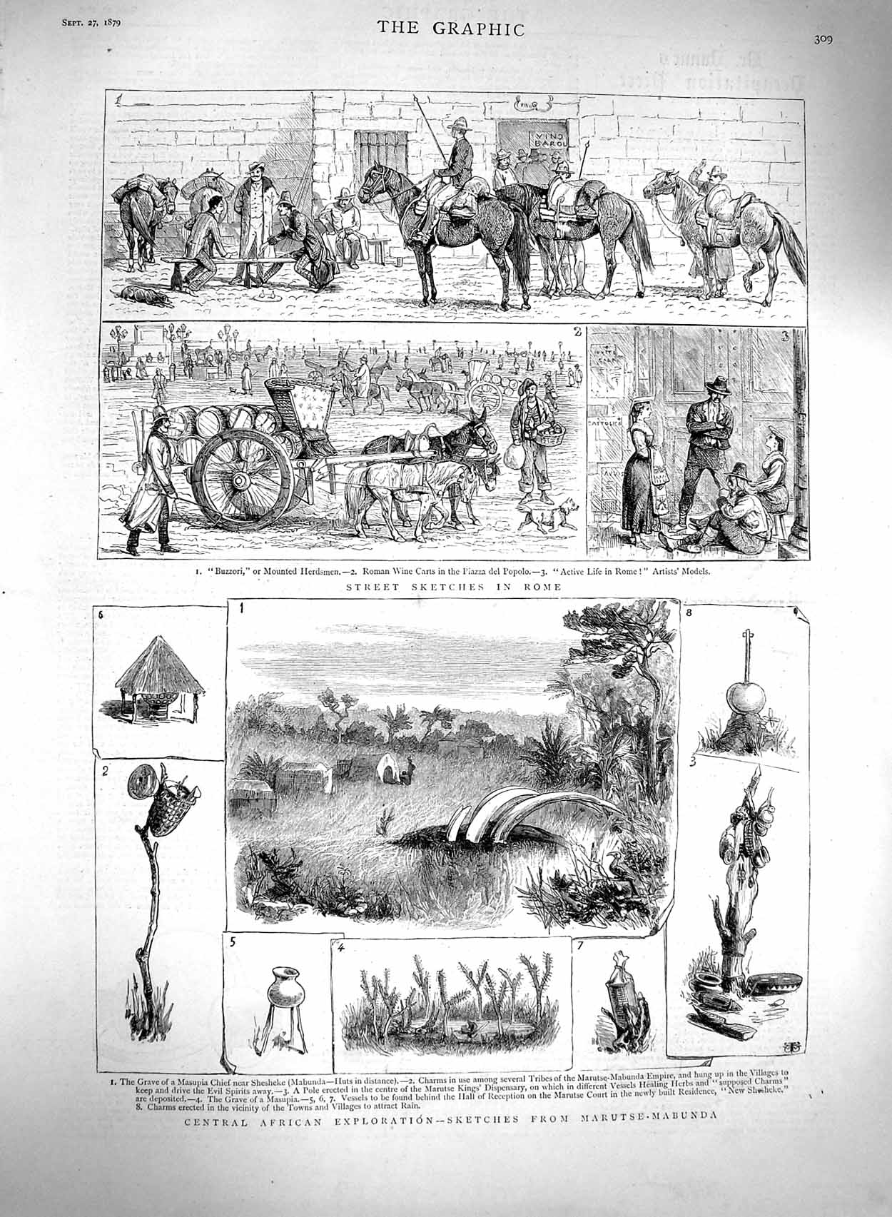 Original Old Antique Print 1879 Africa Marutse-Mabunda Rome Buzzori Wine Carts