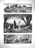 Old Antique Print 1879 River Boating Lady Artist Fishing Trees Picnic Art 19th