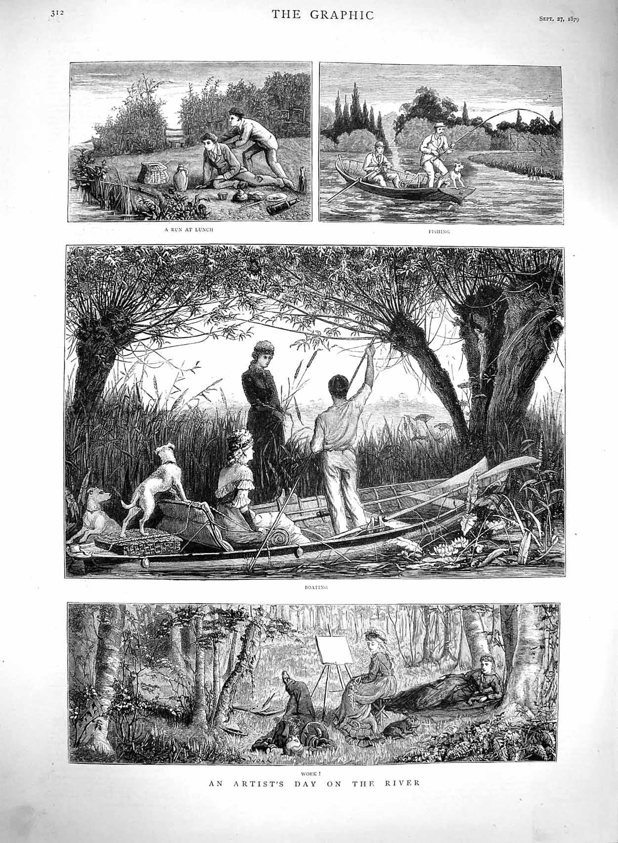 Old Antique Print 1879 River Boating Lady Artist Fishing Trees Picnic Art 19th