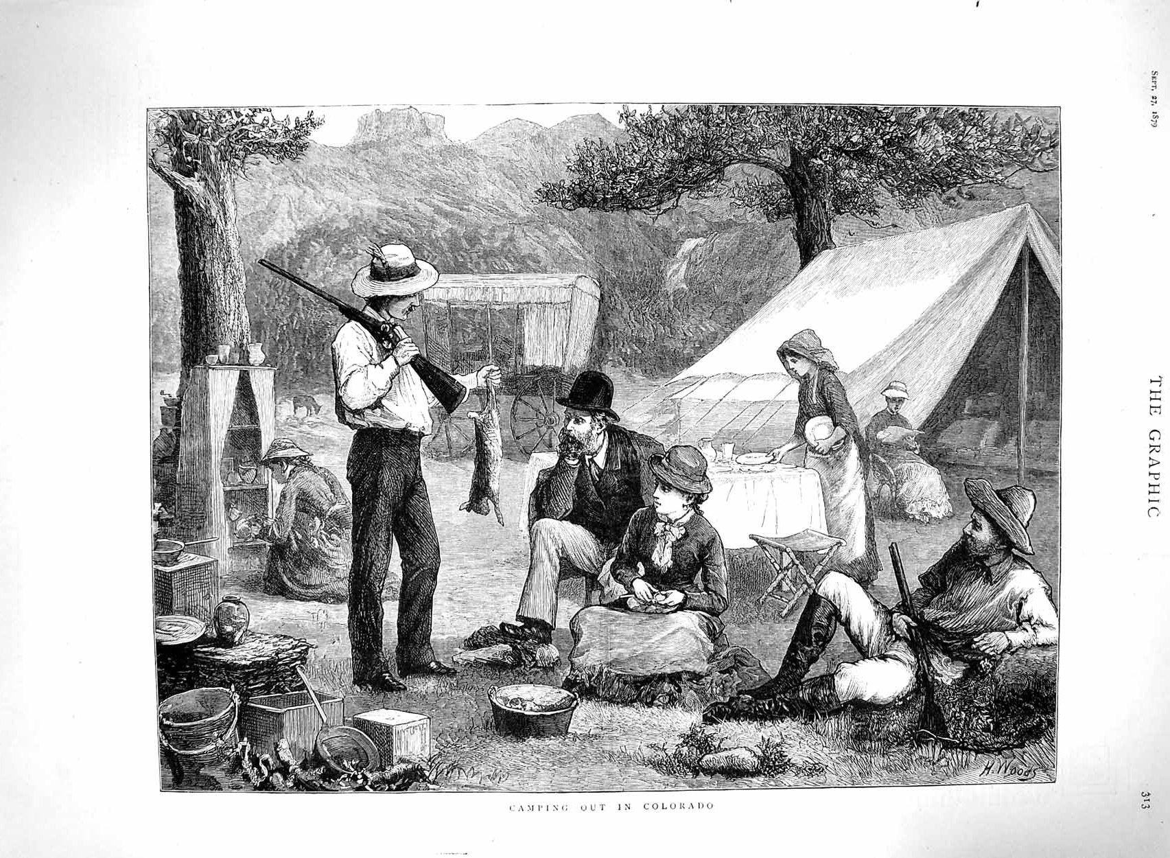 Old Antique Print 1879 Scene Camping Colorado Rabbit Hunting Tent Cooking 19th
