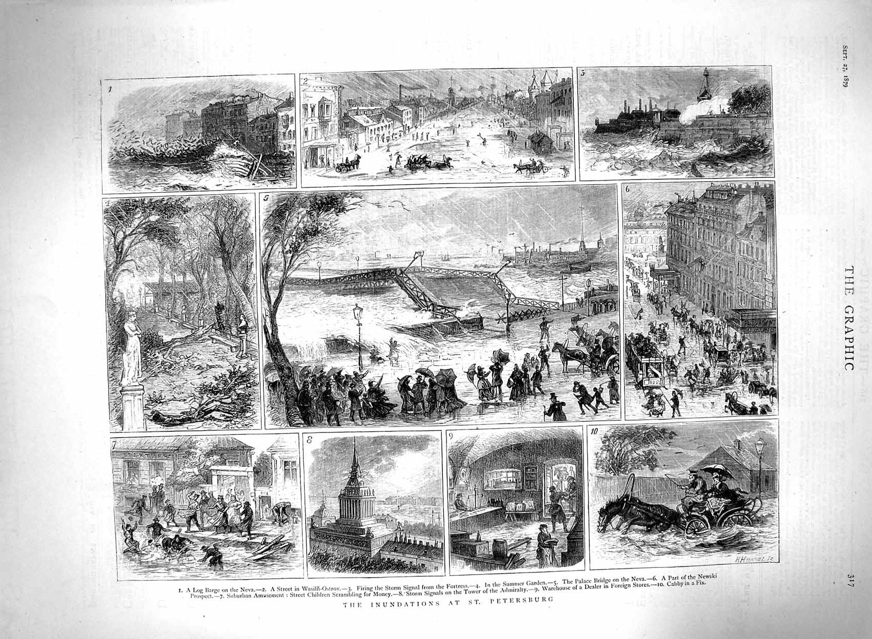 Old Antique Print 1879 Floods St. Petersburg Log Barge Neva Newski Palace 19th