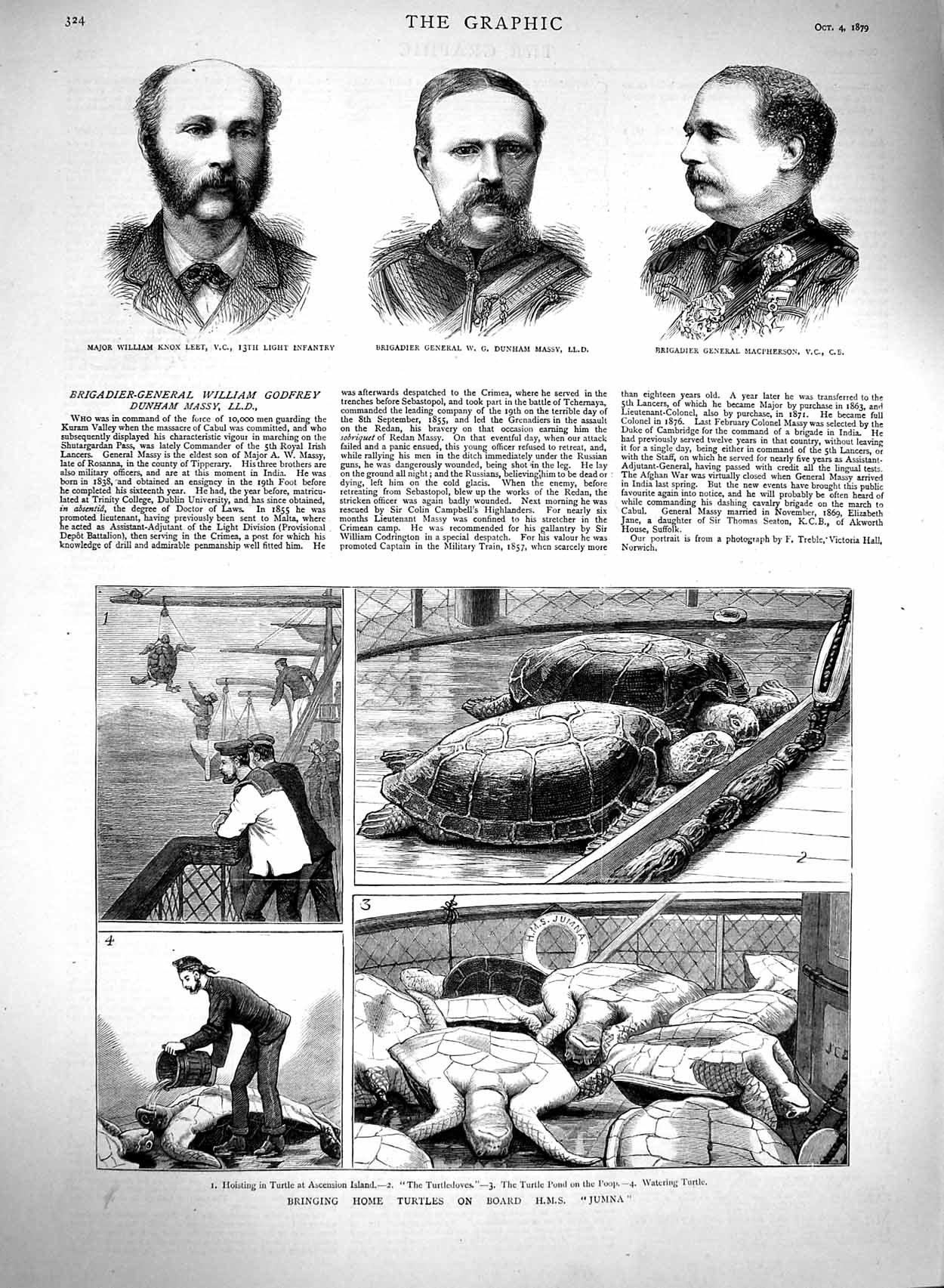 Original Old Antique Print 1879 Turtles H.M.S Jumna Major Knox Macpherson Massy