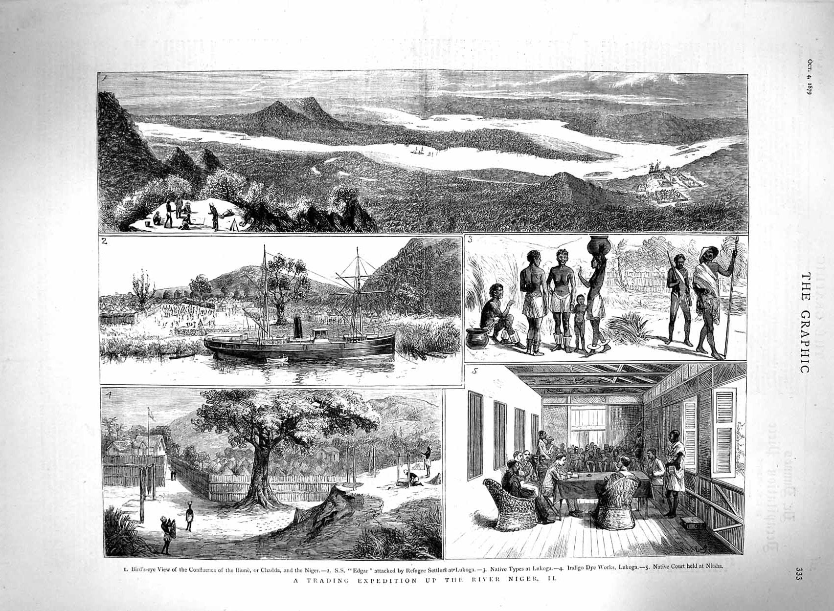 Old Antique Print 1879 River Niger Ship Edgar Lukoga Native Court Nitsha 19th