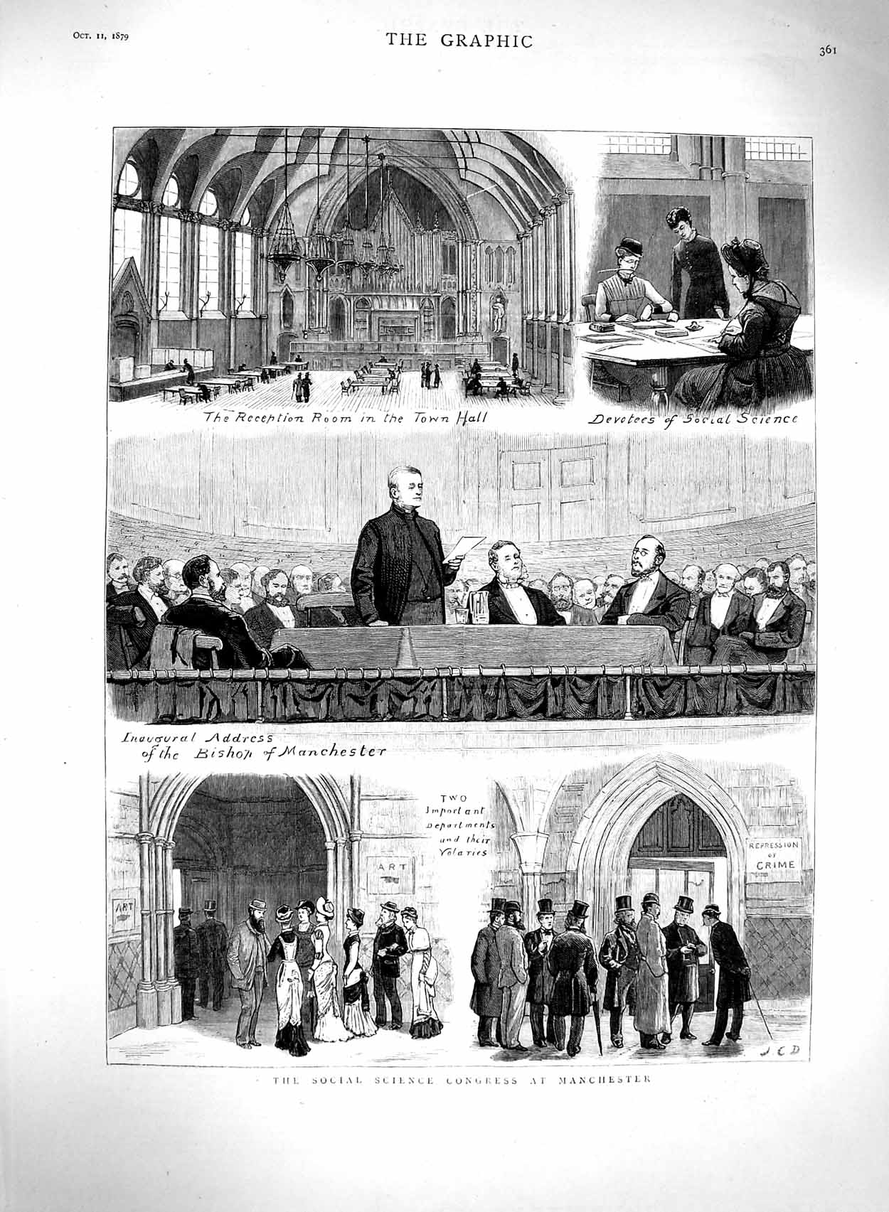 Original Old Antique Print 1879 Social Science Congress Manchester Bishop Hall