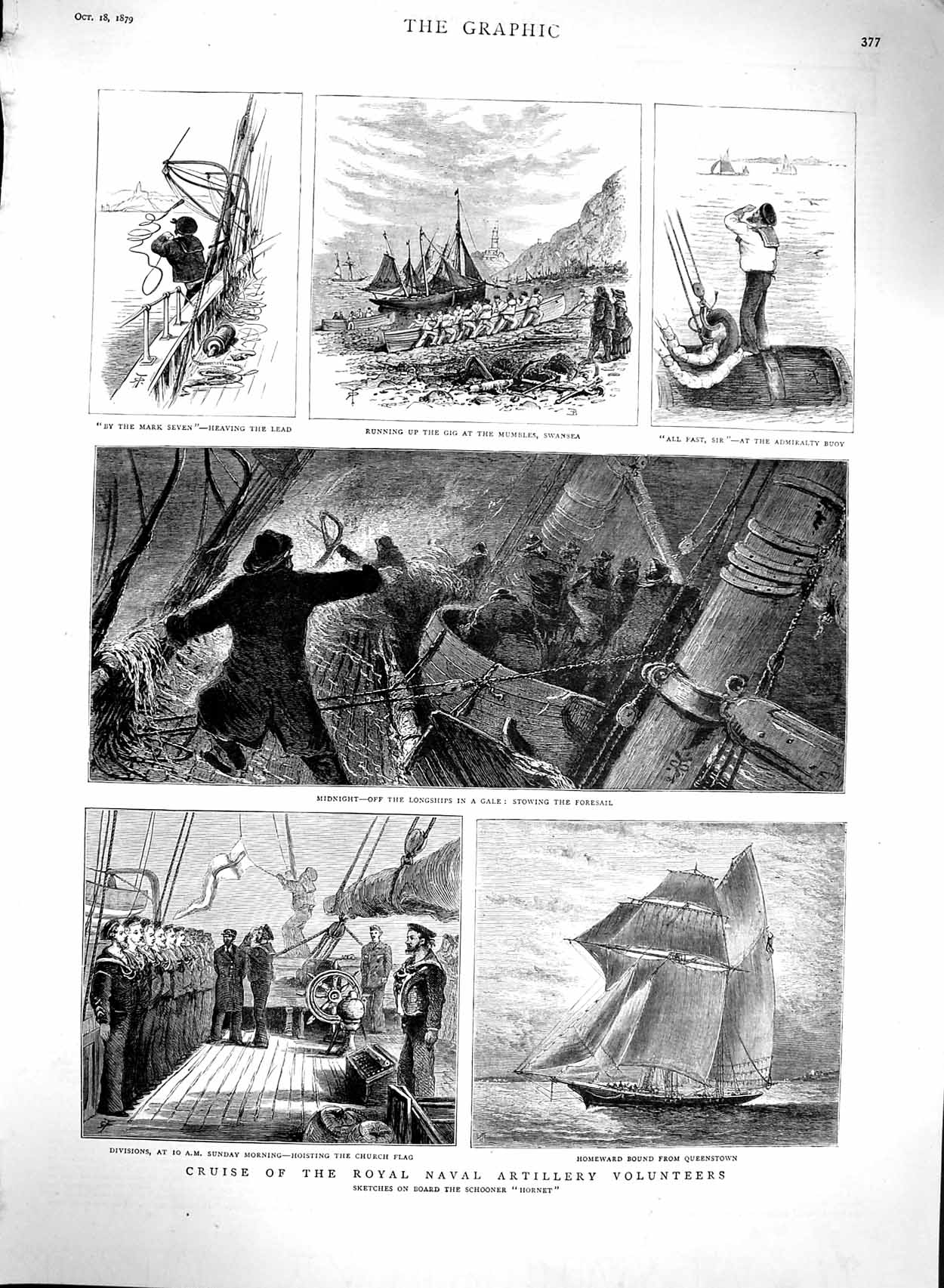 Original Old Antique Print 1879 Royal Navy Schooner Ship Hornet Swansea Mumbles