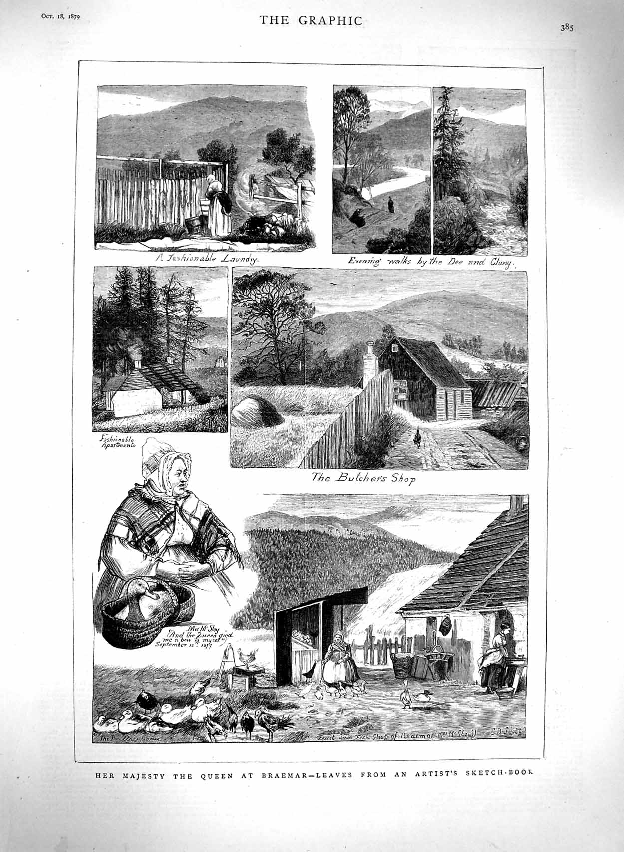 Original Old Antique Print 1879 Majesty Queen Braemar Scotland River Dee Mcsloy